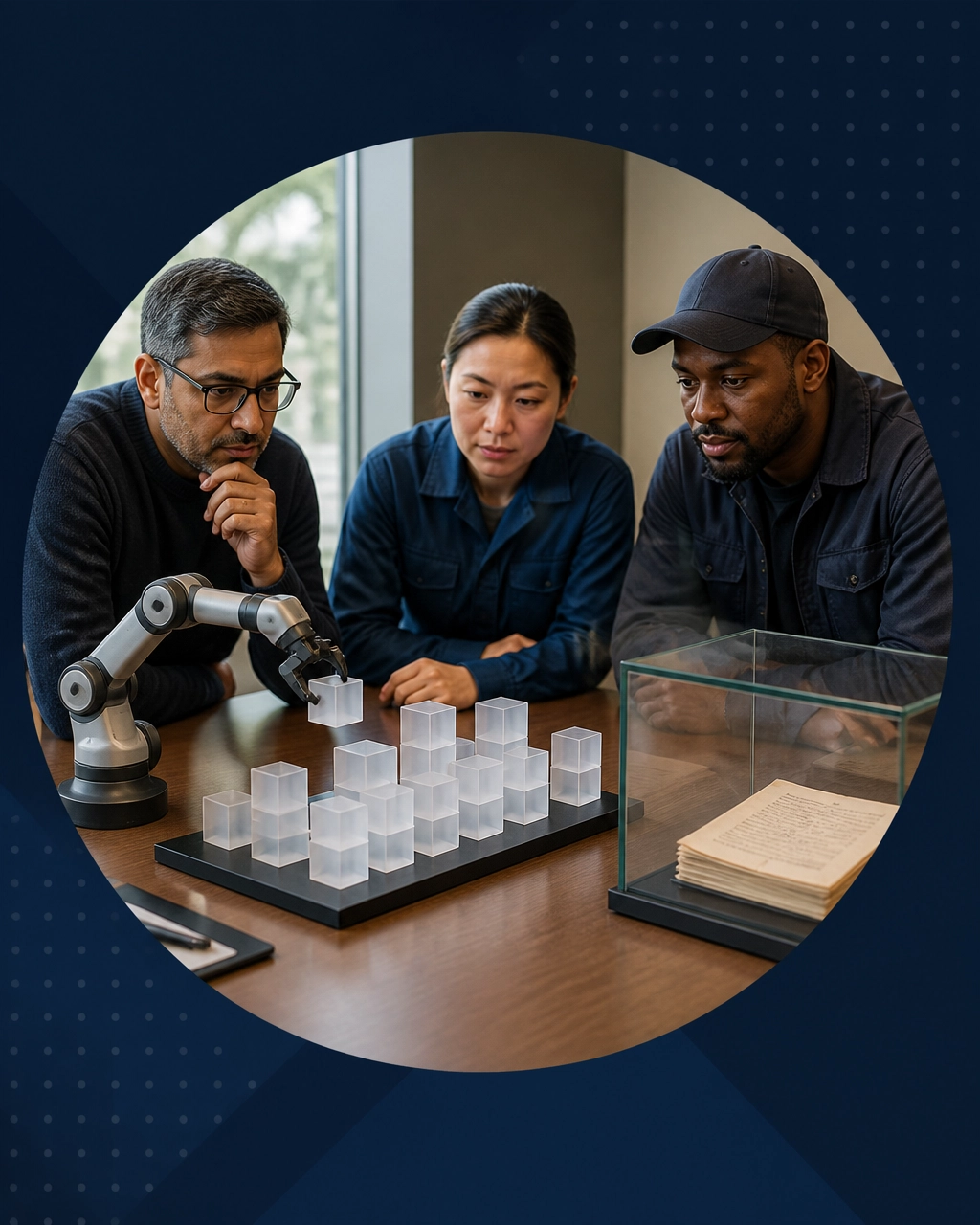 IT, manufacturing, and logistics professionals study a workforce transition plan while a robot rearranges translucent blocks