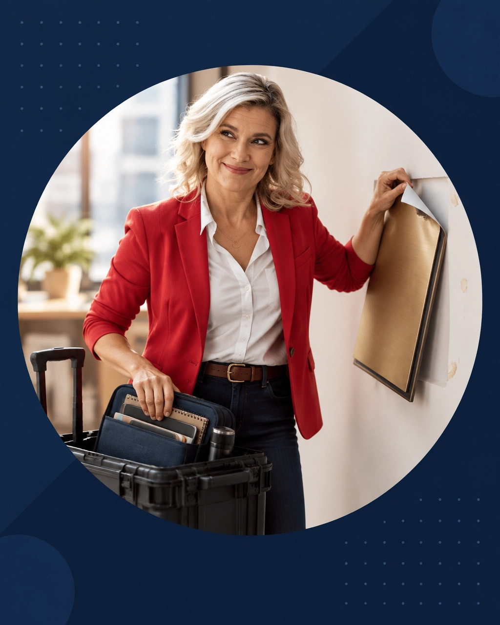 Professional placing a new operations toolkit into a rolling case after removing an old office identity