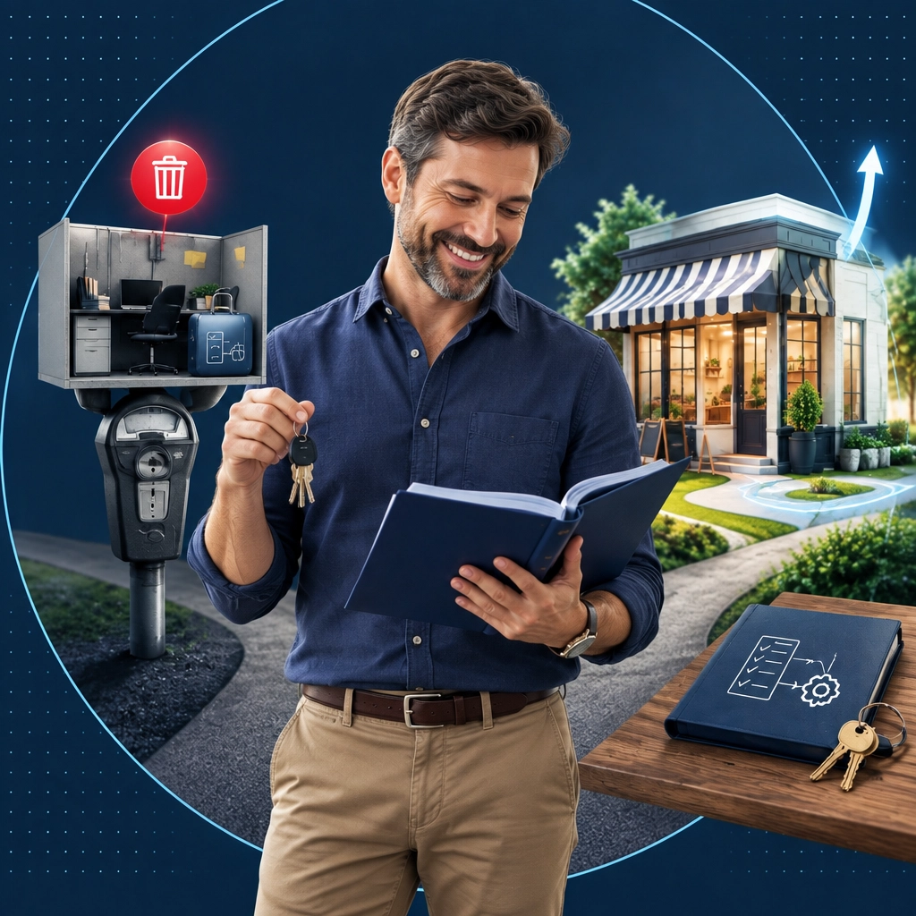 Professional entrepreneur comparing a disappearing office cubicle with a growing storefront while holding keys and an operations playbook