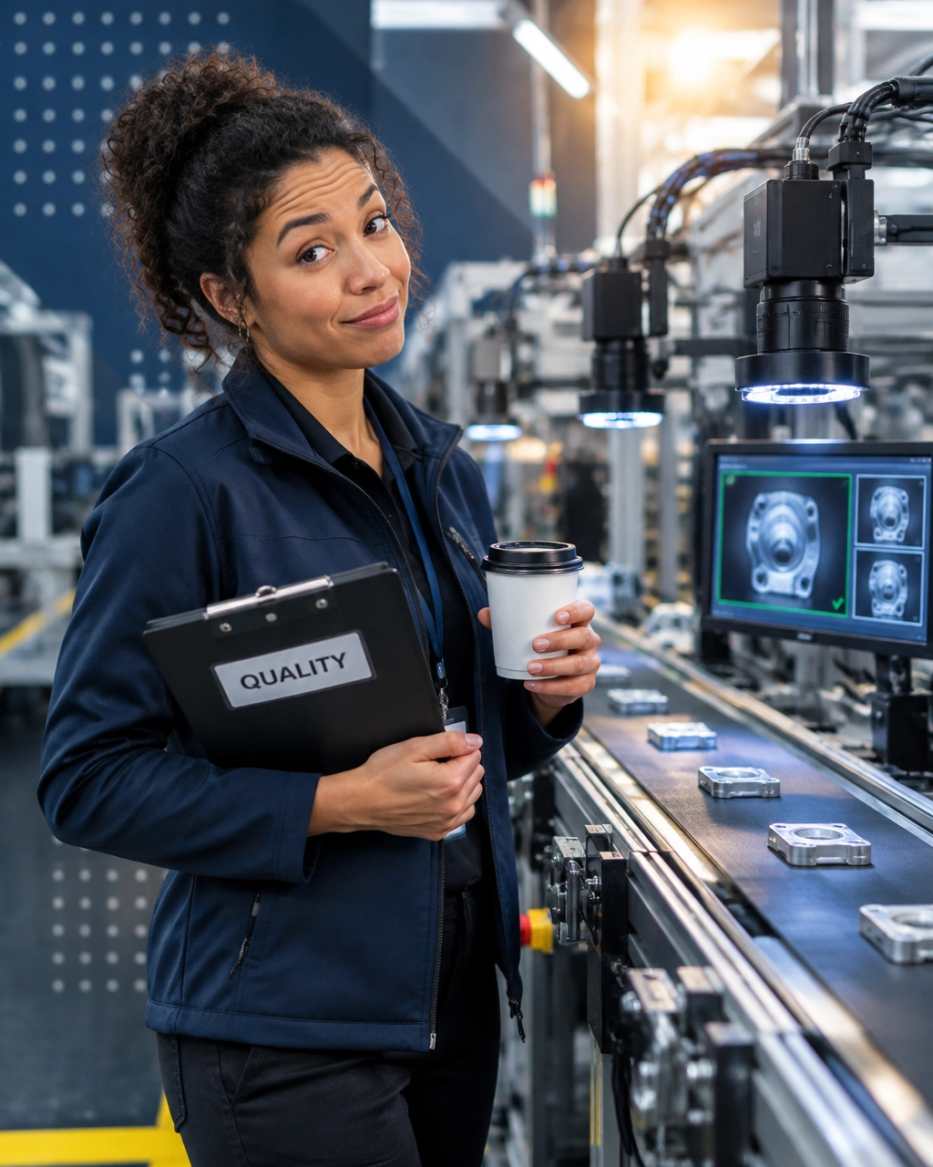 Manufacturing quality supervisor holding a coffee cup while automated vision systems inspect products on a production line