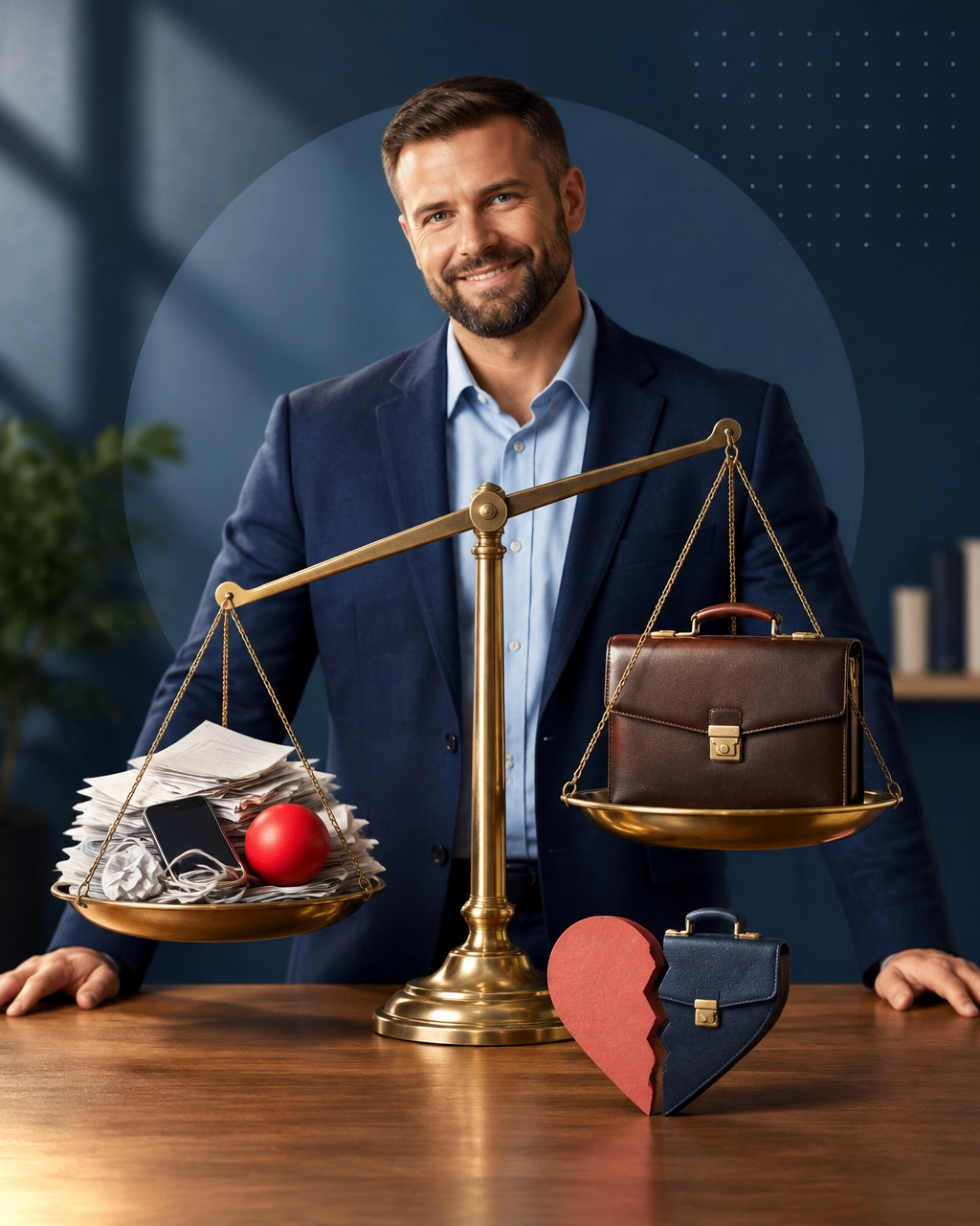 Professional standing behind a balanced scale with a briefcase outweighing paperwork and stress objects, with a split heart beside it