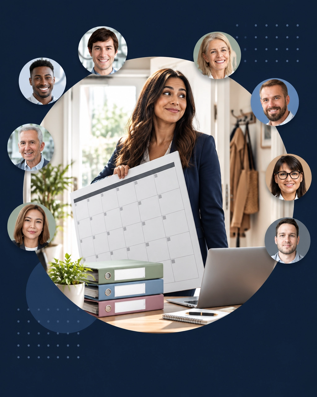 A professional woman holds an oversized calendar while transitioning from organized caregiving binders to a business workspace