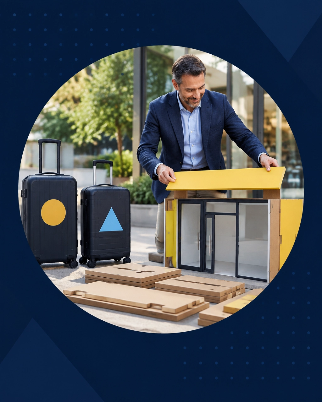 A professional assembling a modular storefront beside separate suitcases after a major life transition