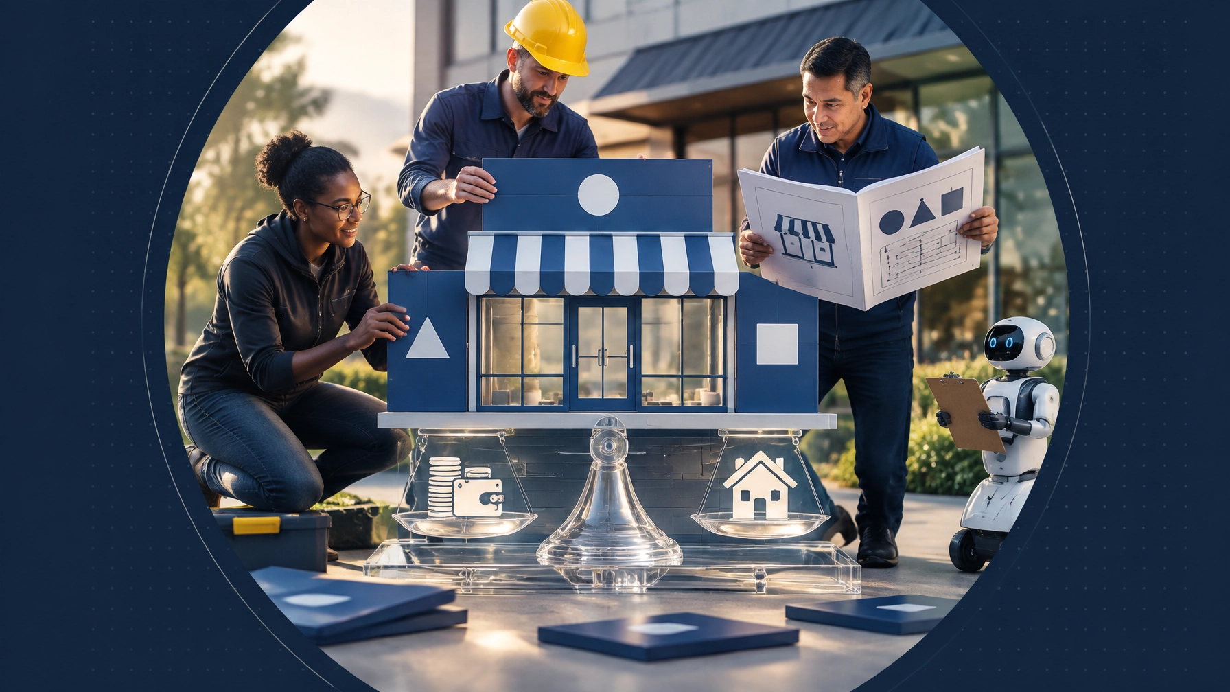 Professionals from technology, manufacturing, and trucking assemble a franchise storefront using an operating blueprint