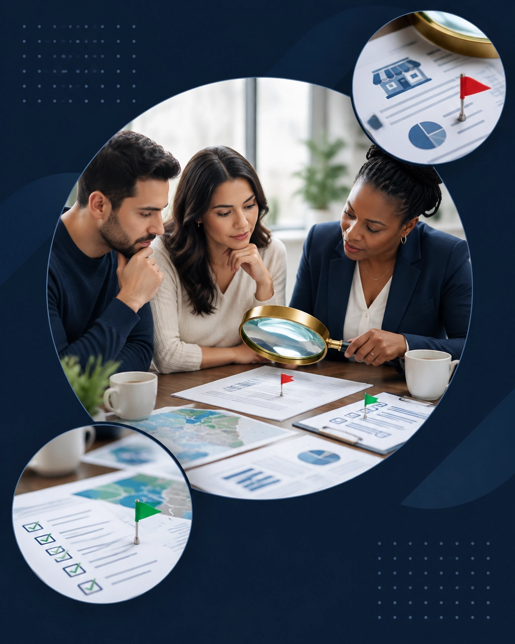 AI-generated image showing prospective franchise owners and an advisor examining a checklist, territory map, and red flags