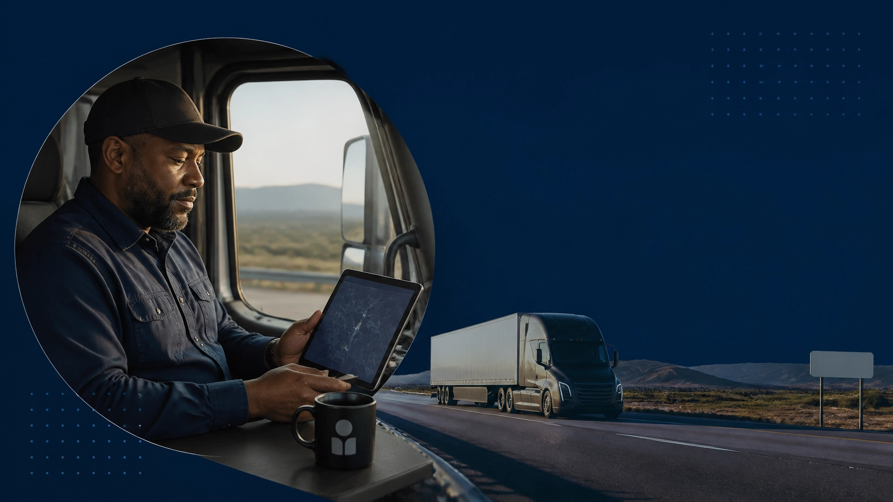 Long-haul truck driver reviewing logistics information as autonomous freight moves along a highway
