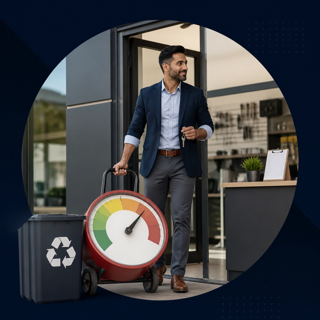 A professional wheels an oversized stress meter toward a recycling bin while entering an orderly franchise workspace