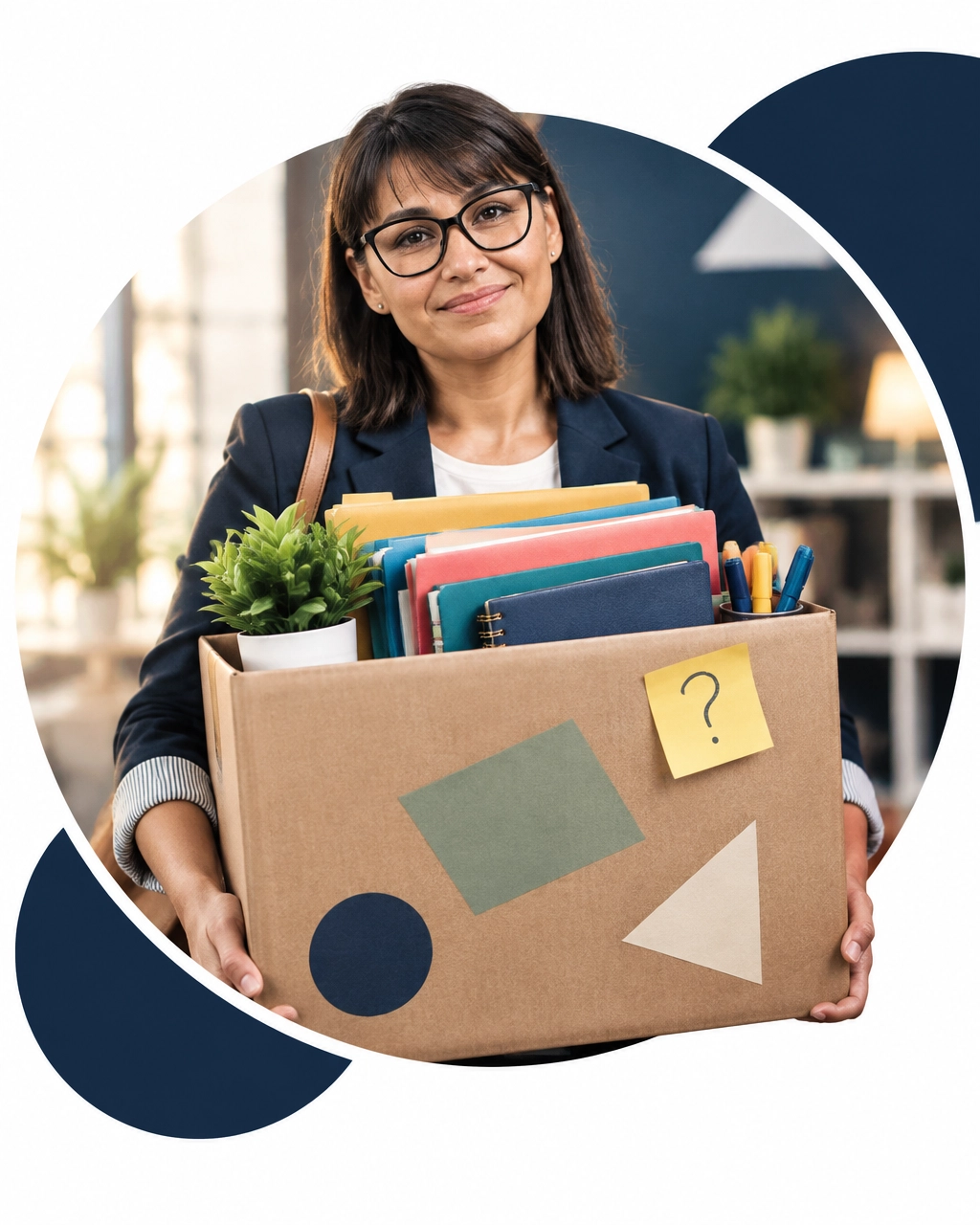 A determined professional woman carries an oversized box filled with folders, a plant, and a question-mark note while rebuilding her next chapter