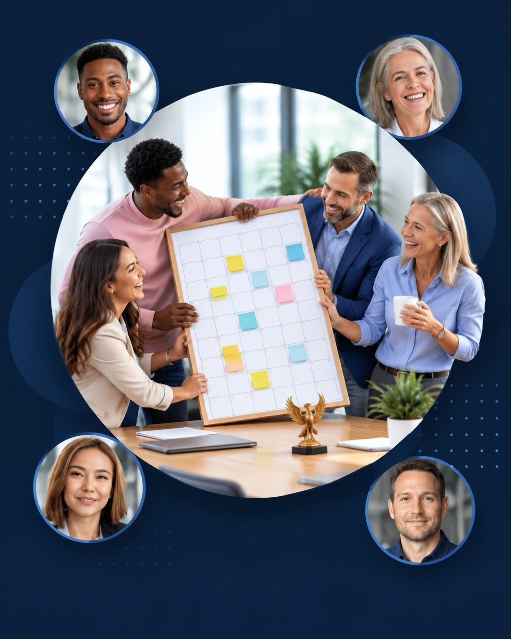 A diverse team organizes a giant wall calendar while a small phoenix desk ornament symbolizes a new beginning