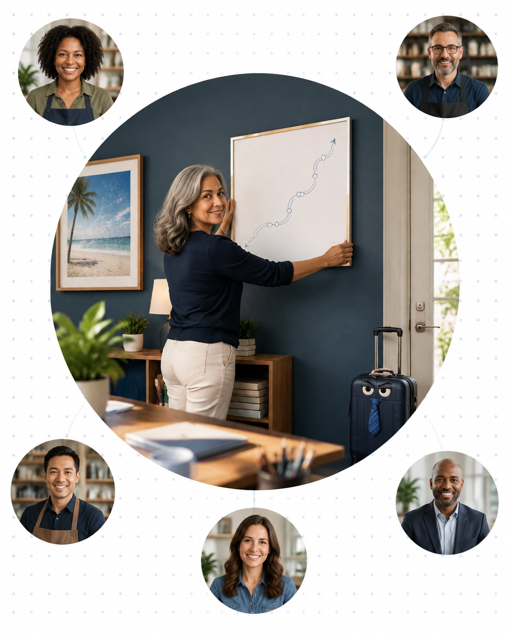 Woman replacing a retirement postcard with a business roadmap while a tiny suitcase in a tie waits nearby