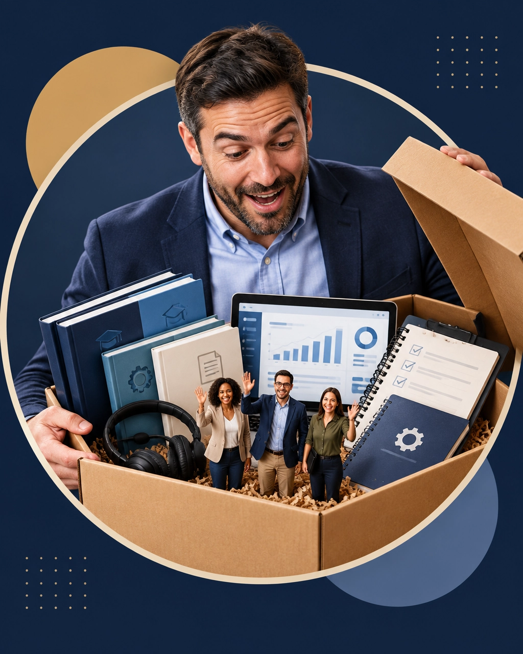 A surprised entrepreneur opens an oversized box containing training manuals, technology, checklists, and a miniature support team