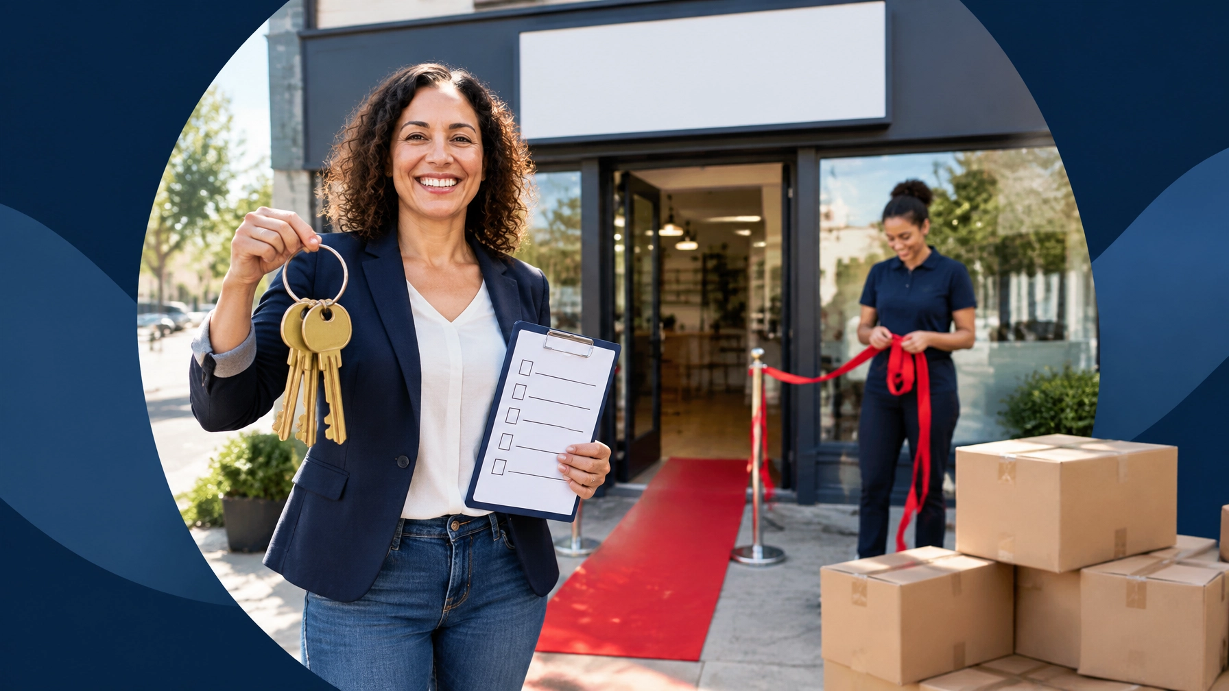A new entrepreneur holding oversized keys and a launch checklist outside an unbranded storefront with a tiny red carpet