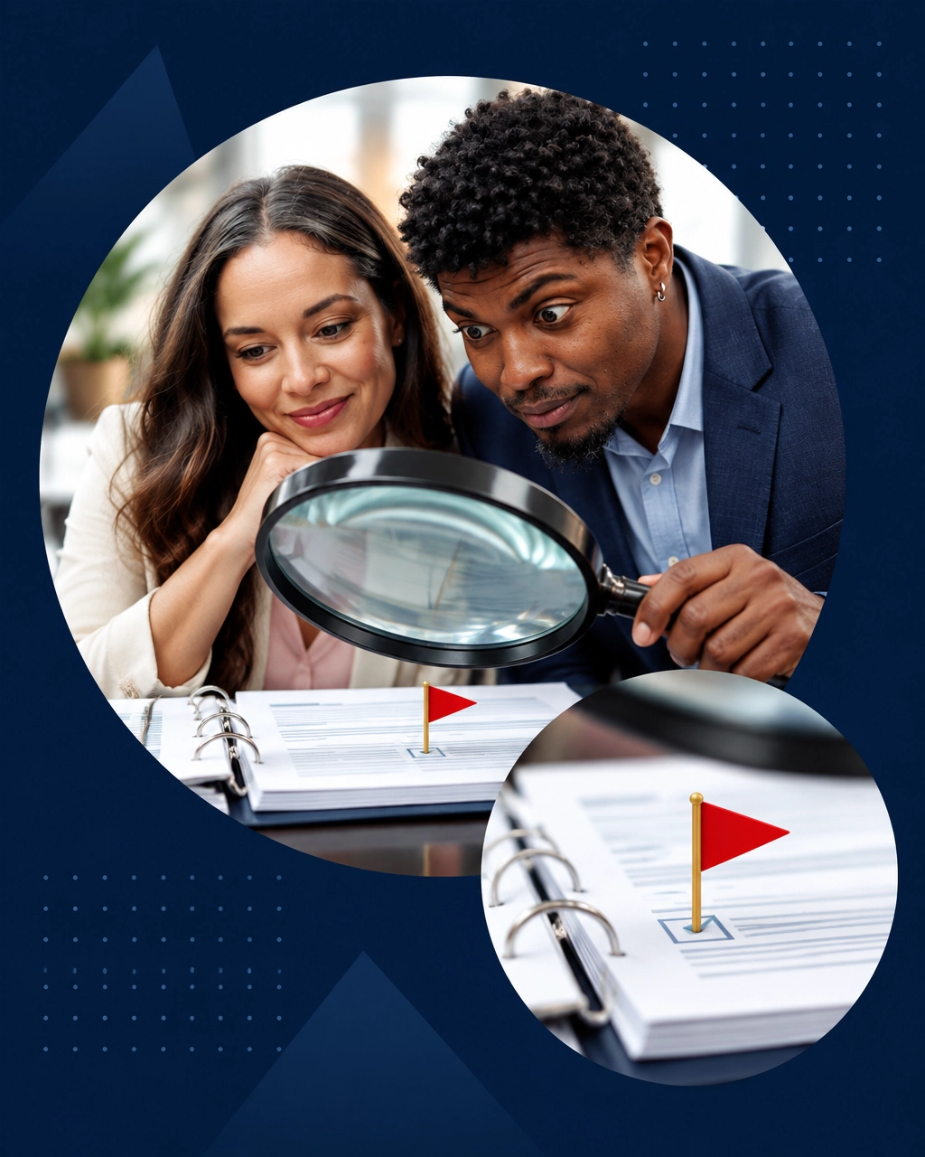 Prospective owners examining a franchise disclosure binder with a magnifying glass and caution marker