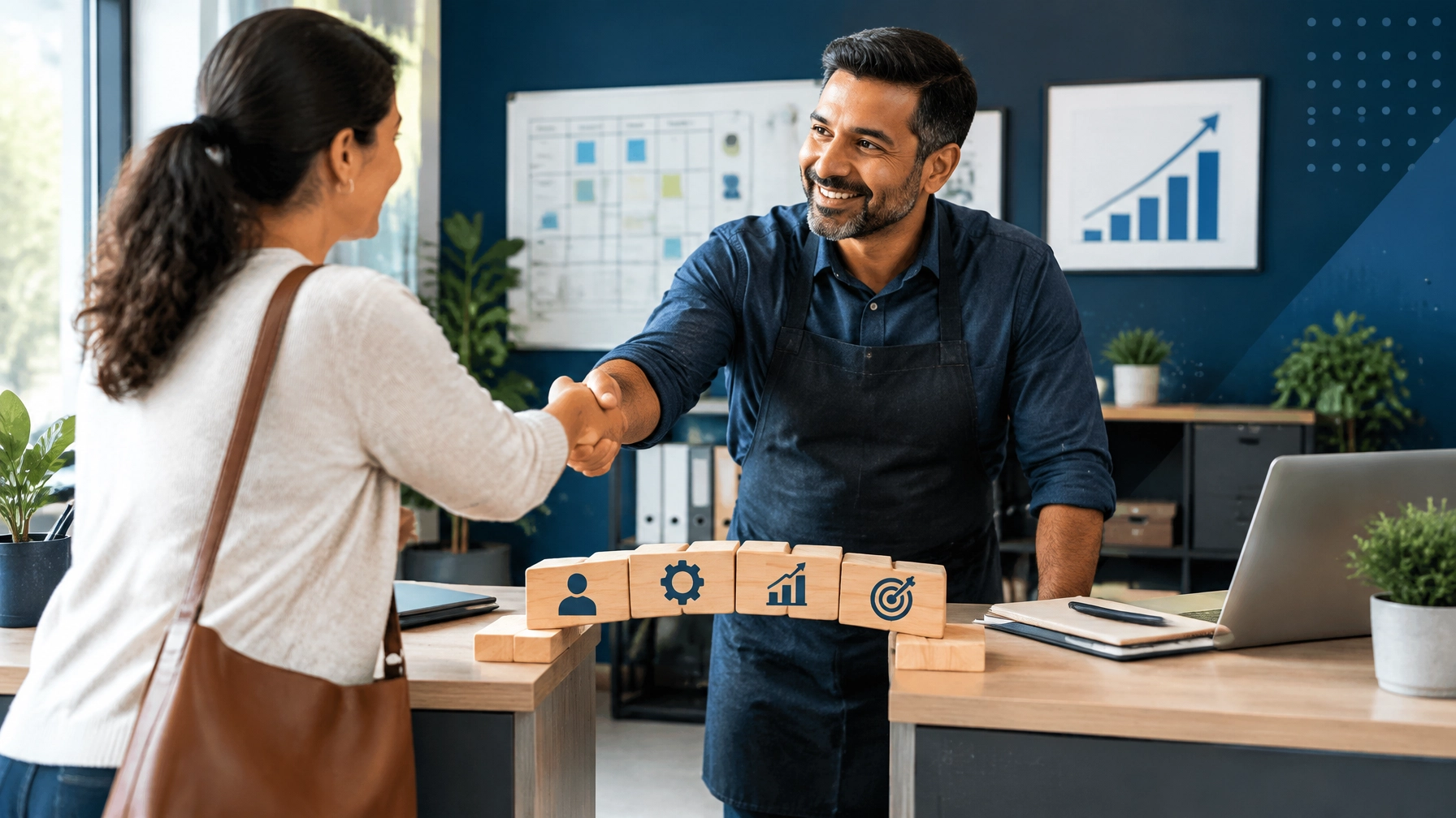 Local franchise owner greeting a customer while reviewing business growth systems