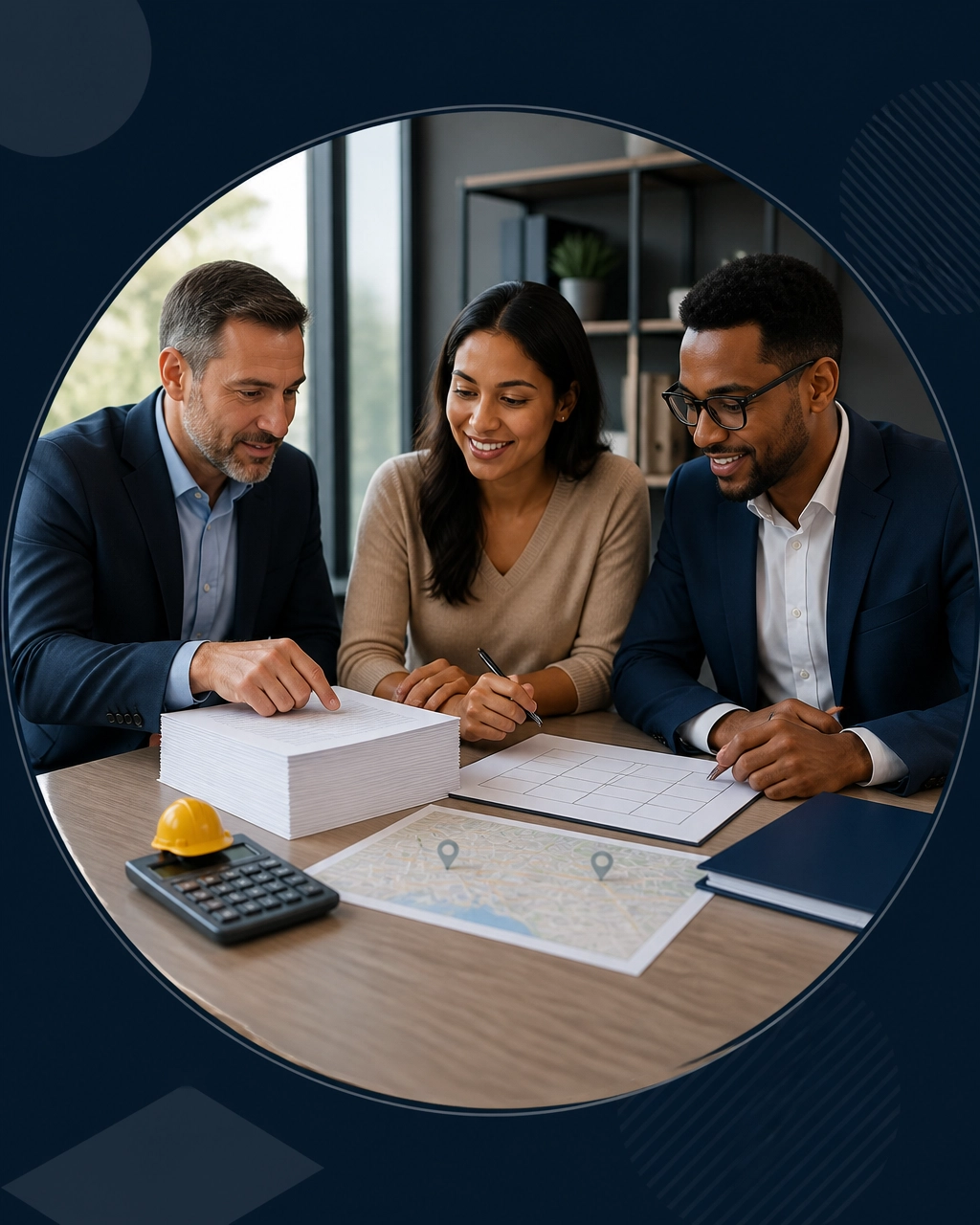 Prospective franchise owners review a disclosure document, funding folder, location map, and staffing plan with professional advisors