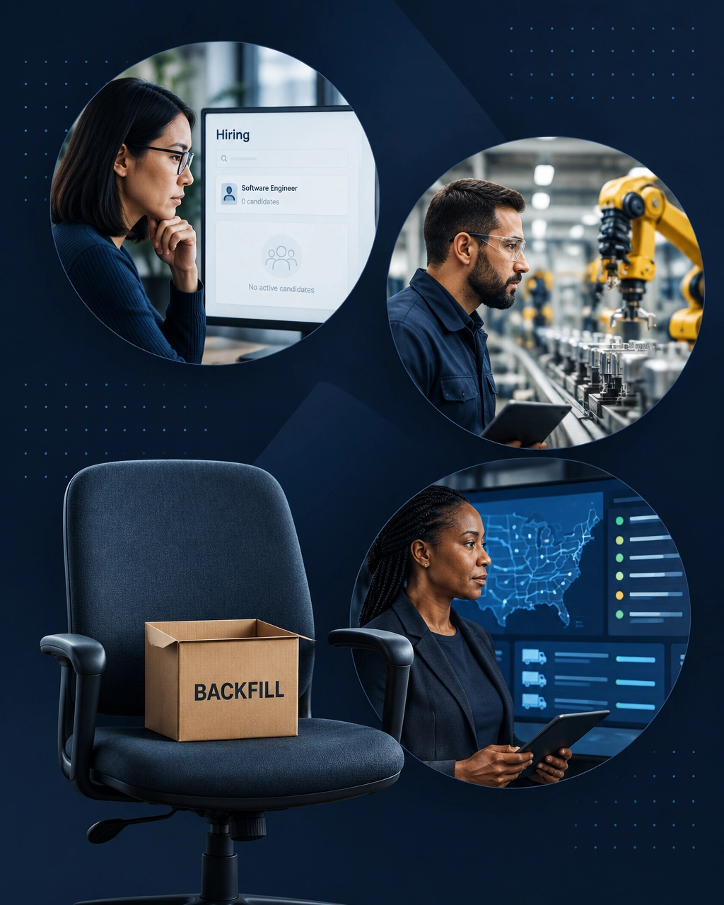 A vacant office chair with a box labeled “BACKFILL” illustrates how hiring freezes and attrition can quietly remove career opportunities across IT, manufacturing, and logistics.