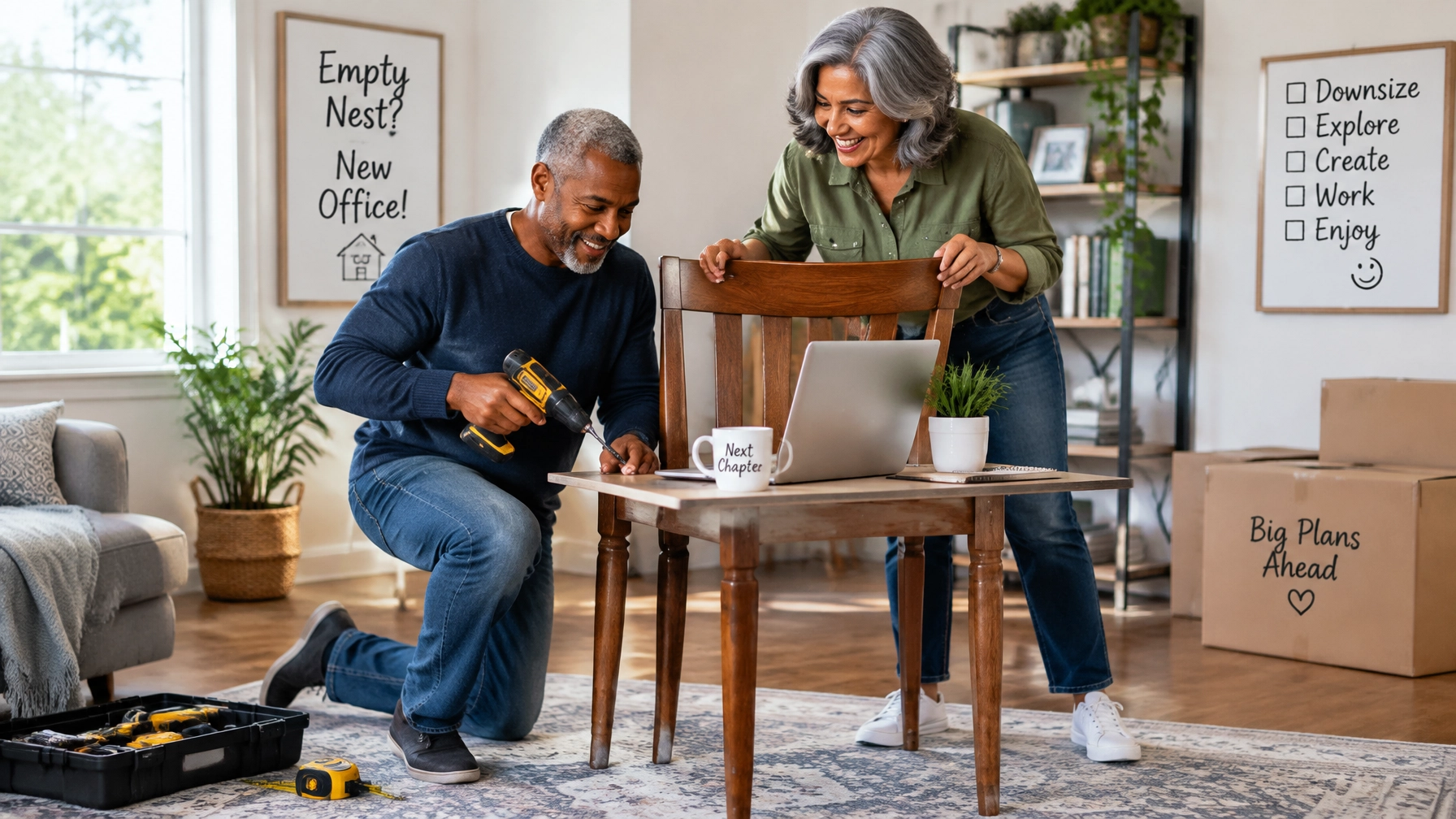Empty-nester couple converting a dining chair into a practical home office desk