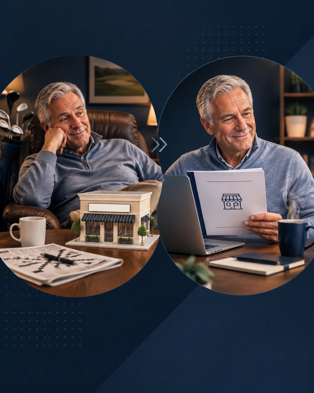 Retired professional transitioning from a recliner surrounded by golf clubs and puzzles to reviewing a storefront model and franchise operations manual