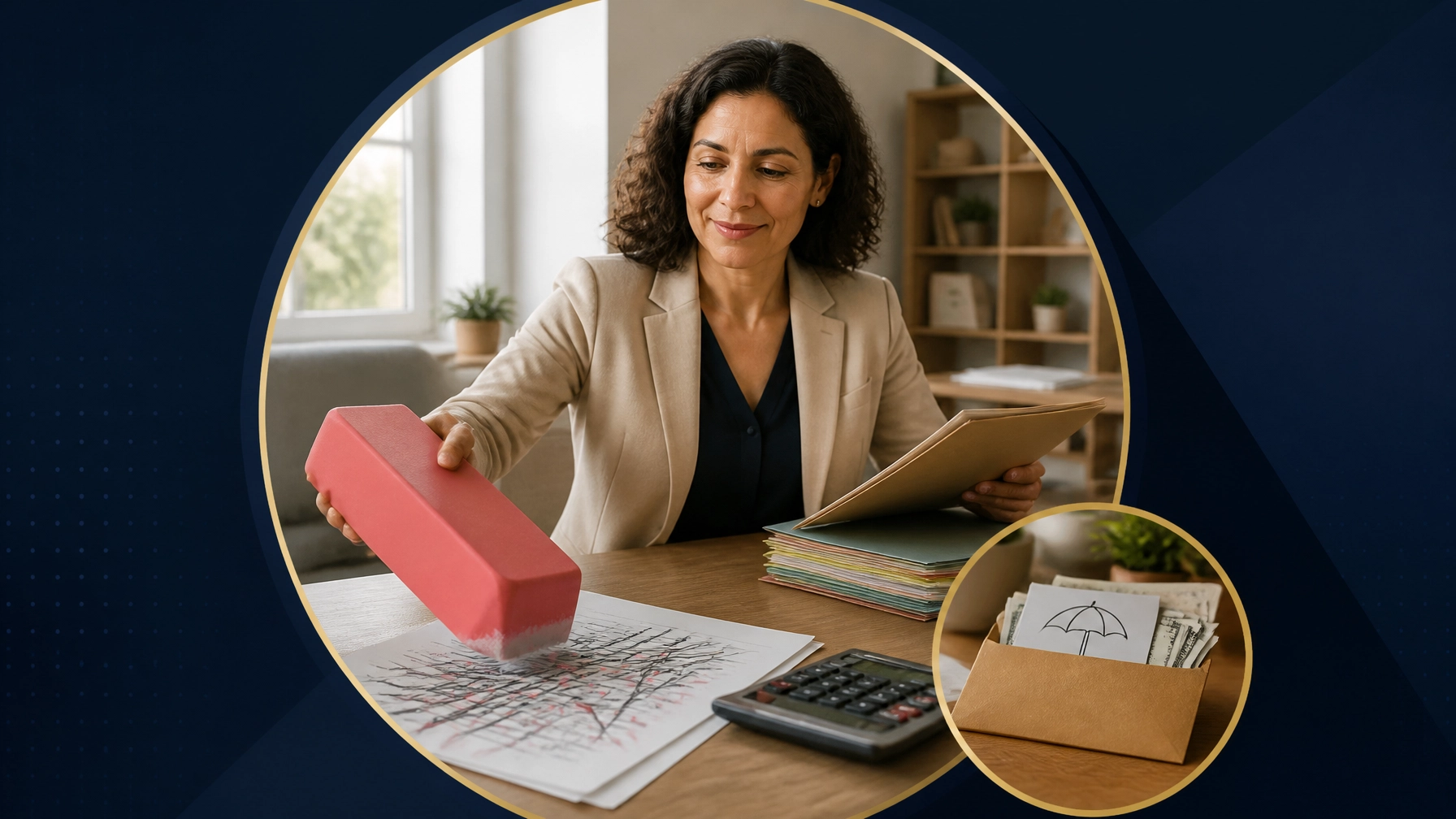 A professional entrepreneur organizing personal and business finances while a large eraser clears away a messy budget