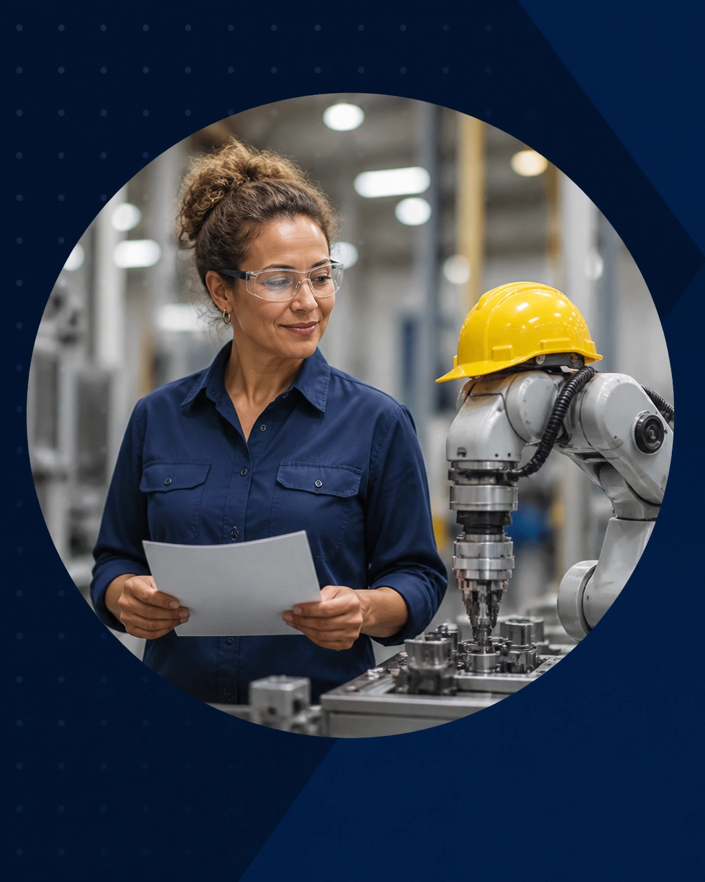 Manufacturing professional evaluating an industrial robot wearing an oversized hard hat