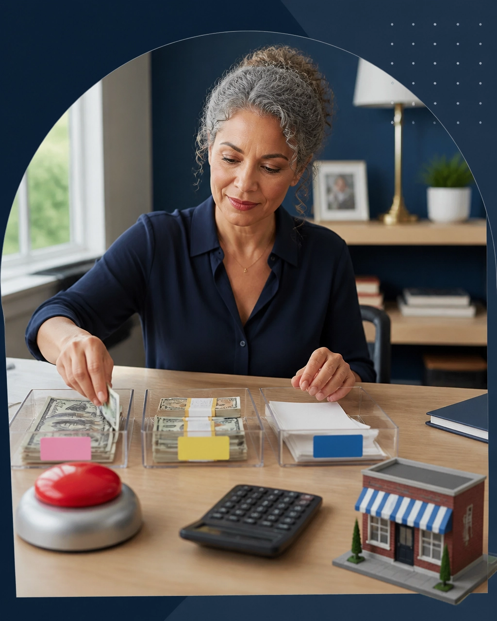Mature woman organizing savings, startup costs, and reserves beside a calculator and miniature storefront