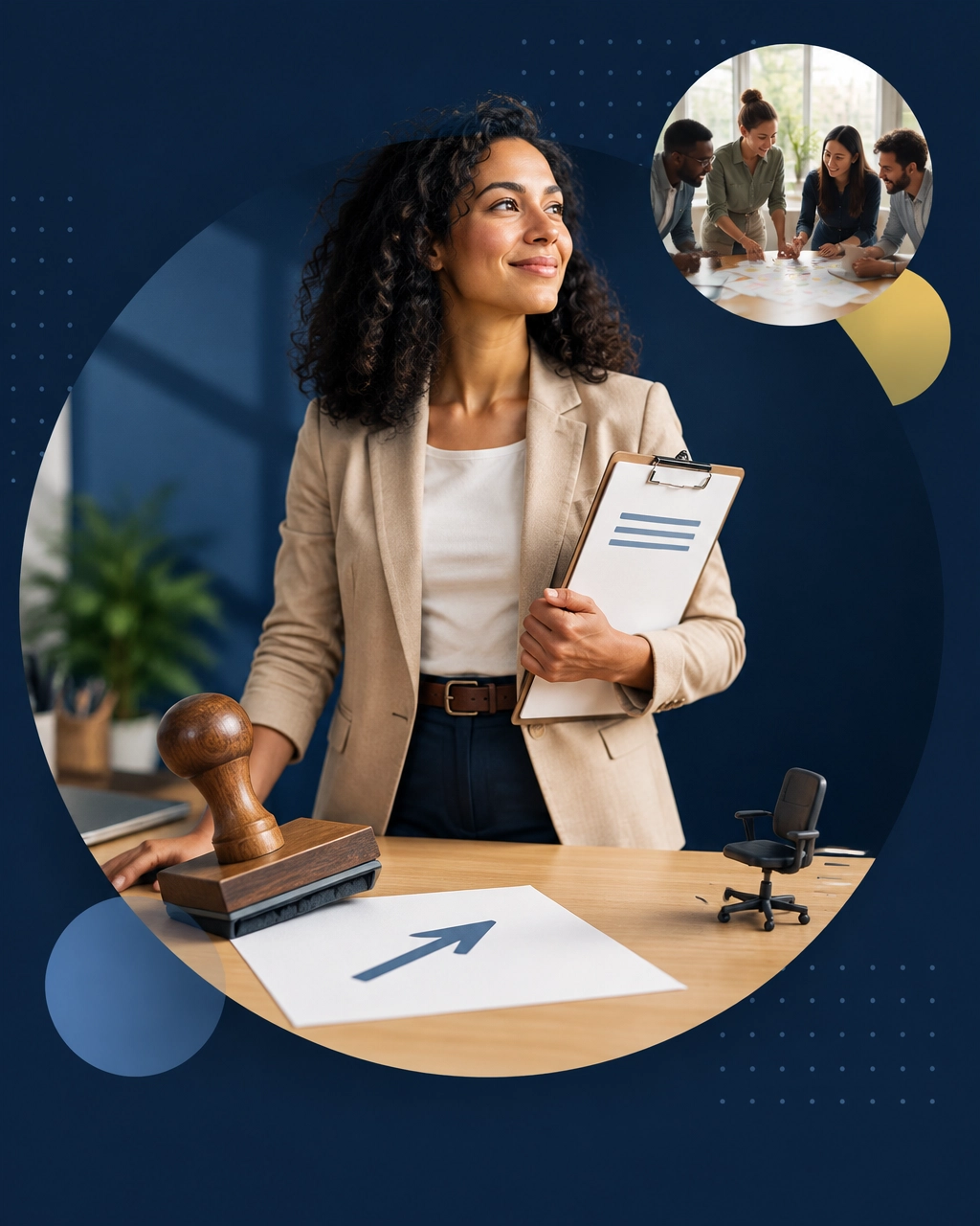 Professional woman beside an upward-arrow stamp and a tiny rolling office chair, symbolizing action after job loss
