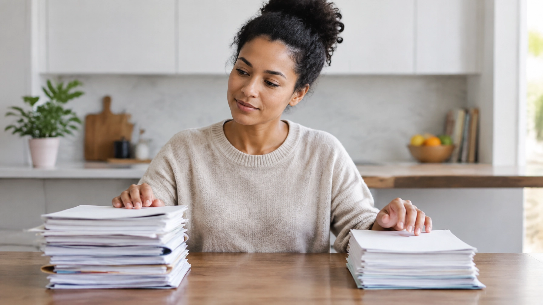 Professional sorting two neat stacks of paperwork on a kitchen table as a visual metaphor for rebuilding life and budget after divorce
