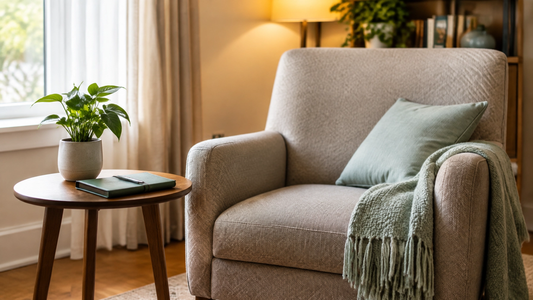 Empty armchair beside a small plant and planner representing gentle next steps after bereavement