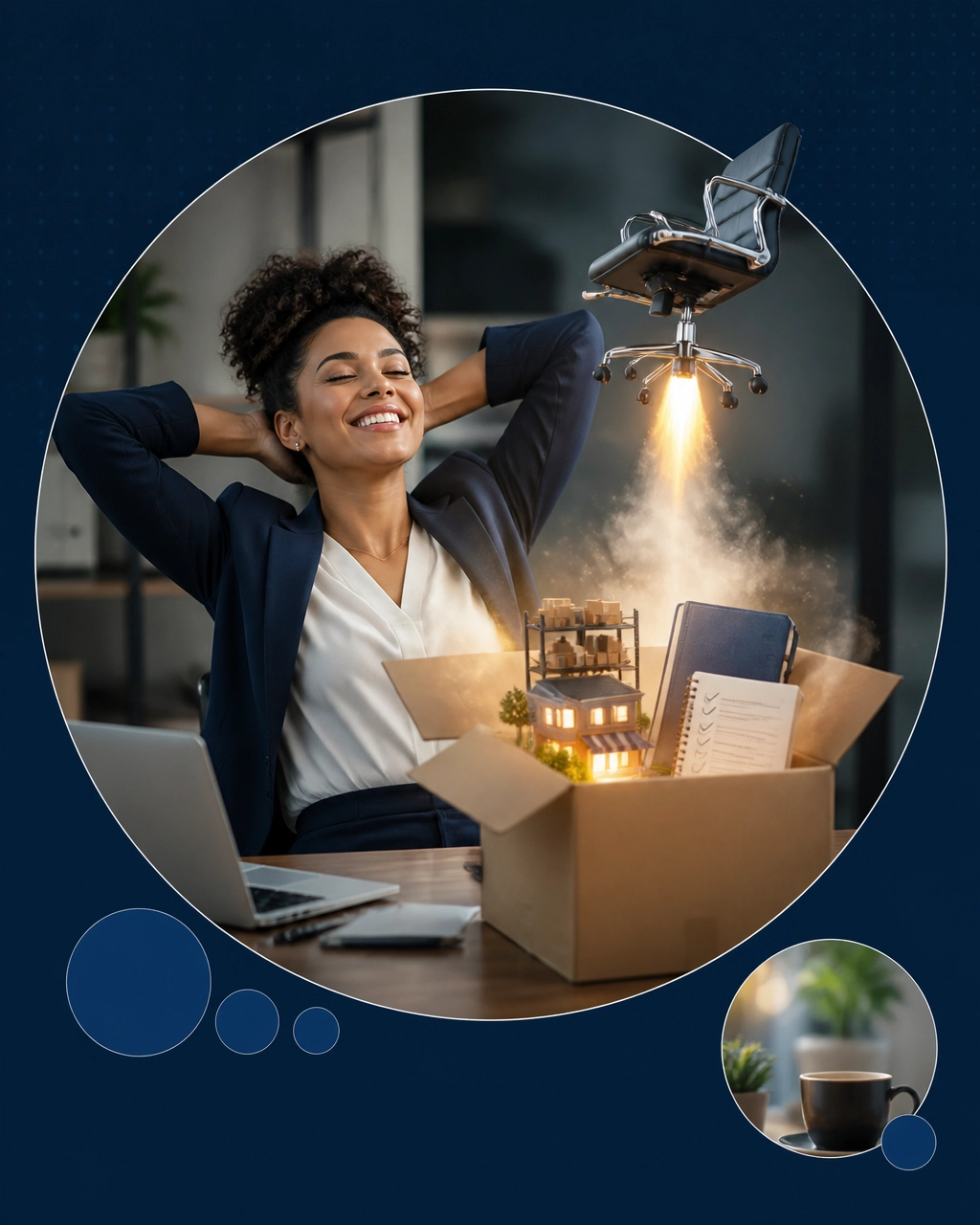 An office chair launches like a rocket above an open box containing a glowing miniature storefront as a professional relaxes