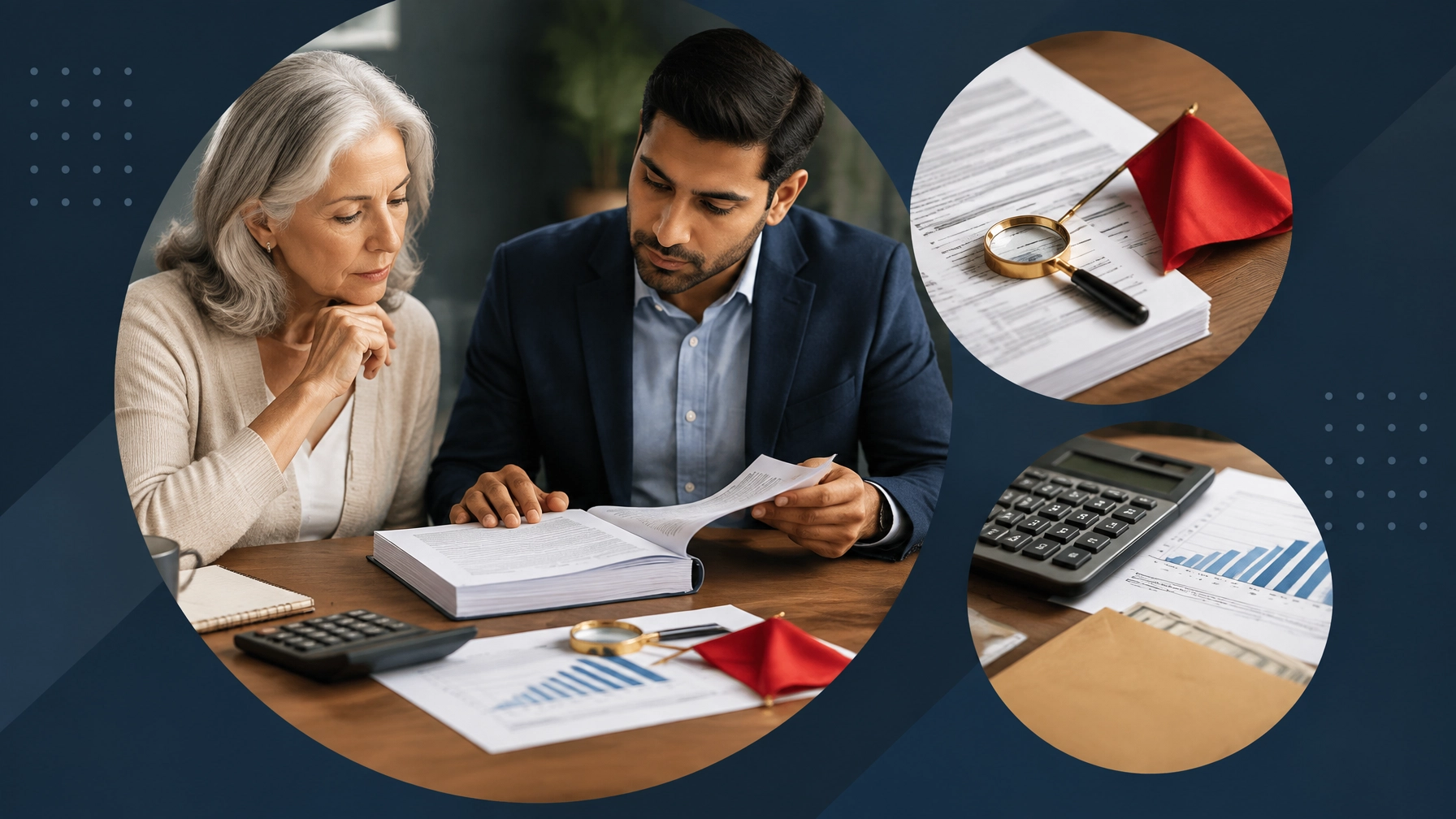 Diverse professionals reviewing an FDD with calculators, a magnifying glass, and a red flag