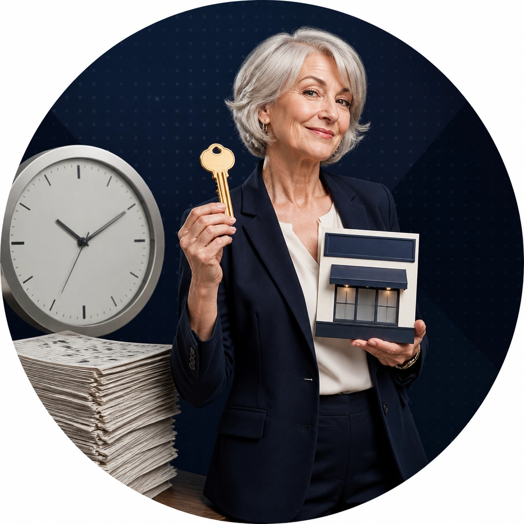 A stylish older professional trades oversized clocks and crossword puzzles for a storefront key and miniature business sign