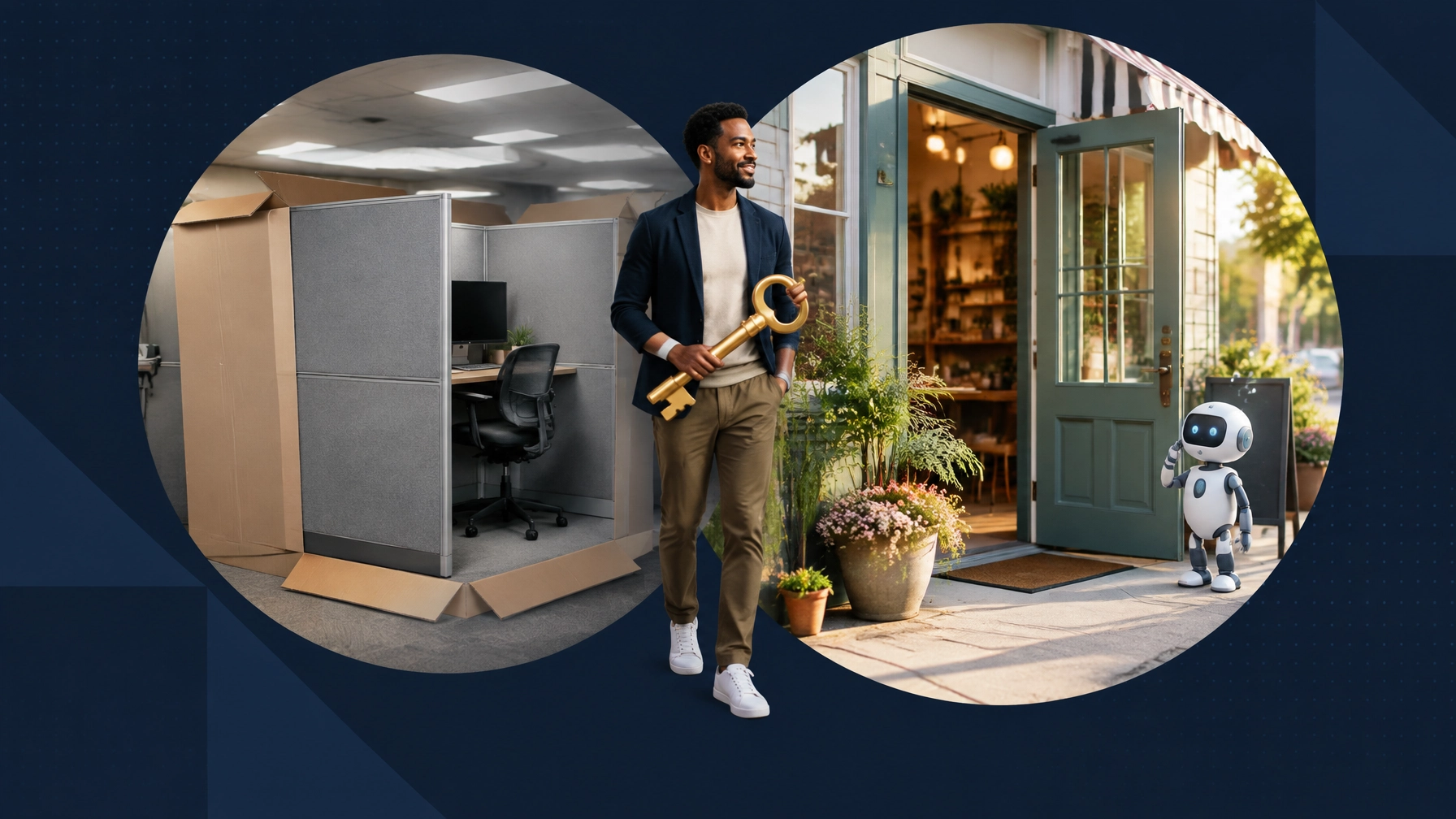 Professional worker holding a large key while moving from a shrinking corporate cubicle toward an independent storefront, with a puzzled robot nearby