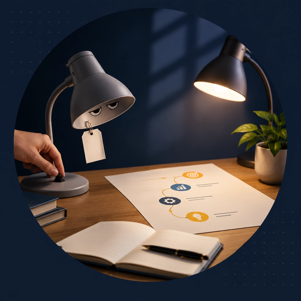 An exhausted desk lamp is switched off while a second lamp illuminates an organized business roadmap