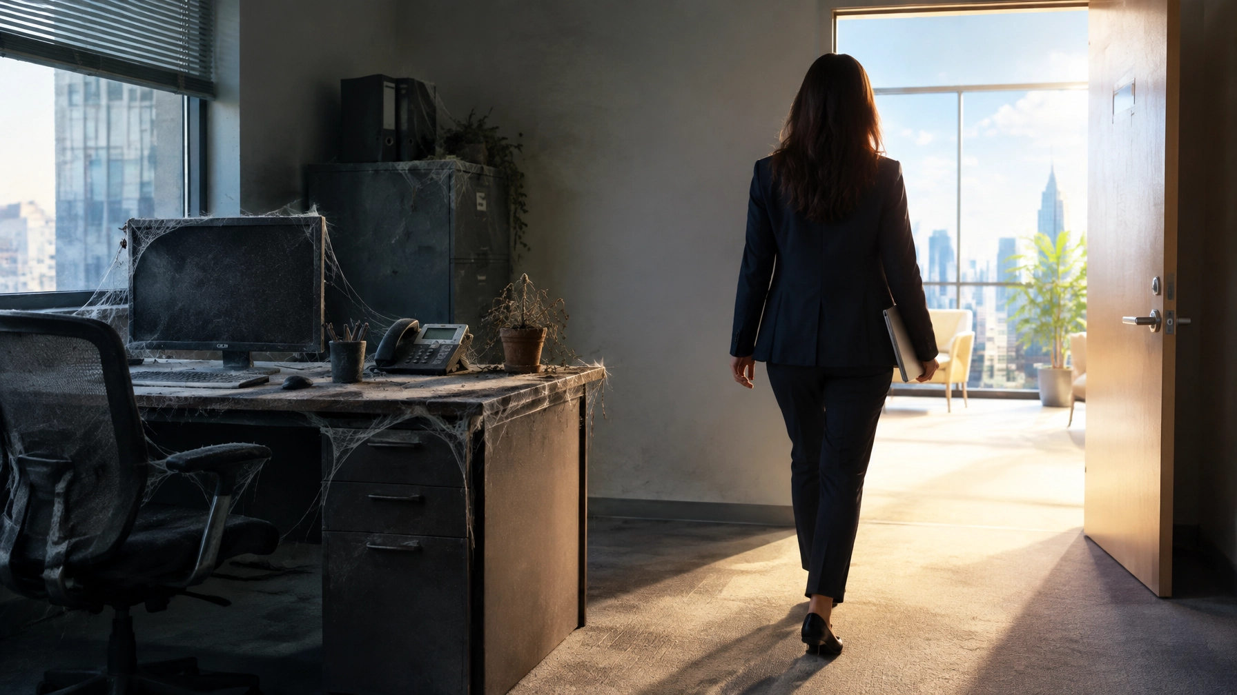 Professional walking away from a dusty cobwebbed office desk toward an open door as a metaphor for turning job loss into a measured plan