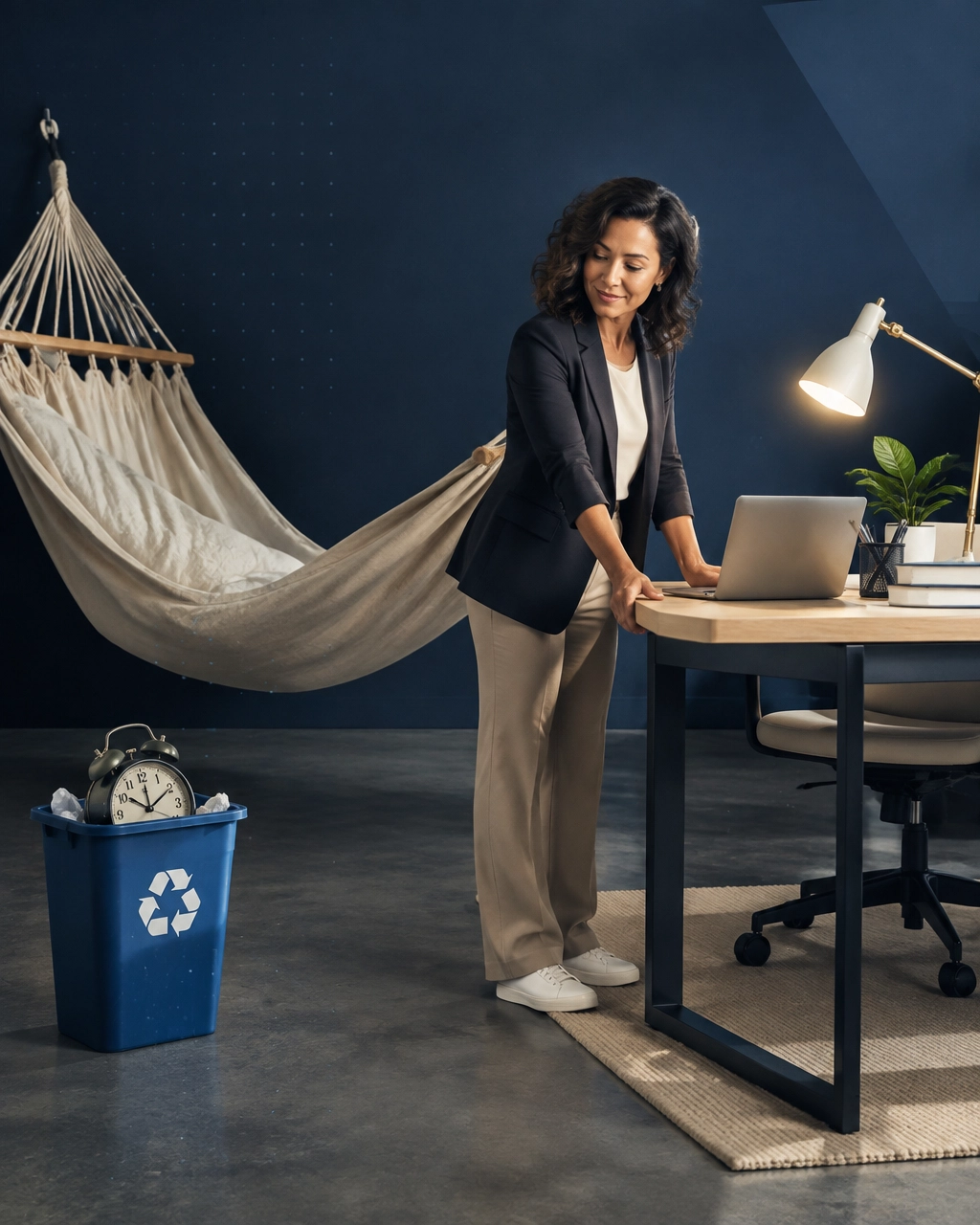 Professional replacing an oversized hammock and alarm clock with an organized workstation