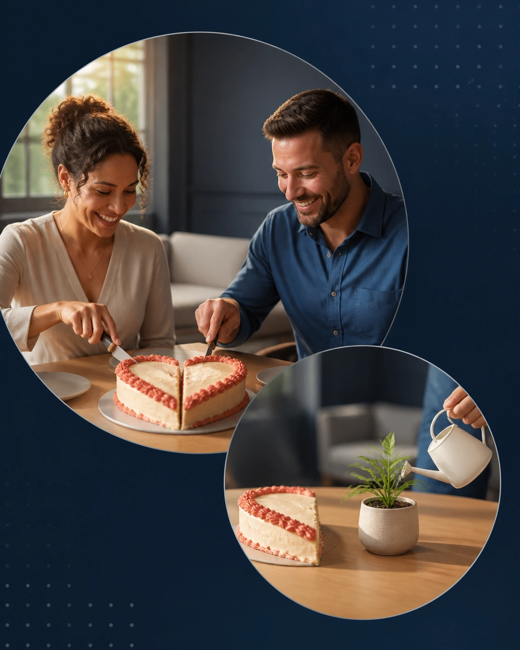 A couple cuts a heart-shaped cake in half while a new plant is watered nearby, symbolizing a fresh start after divorce