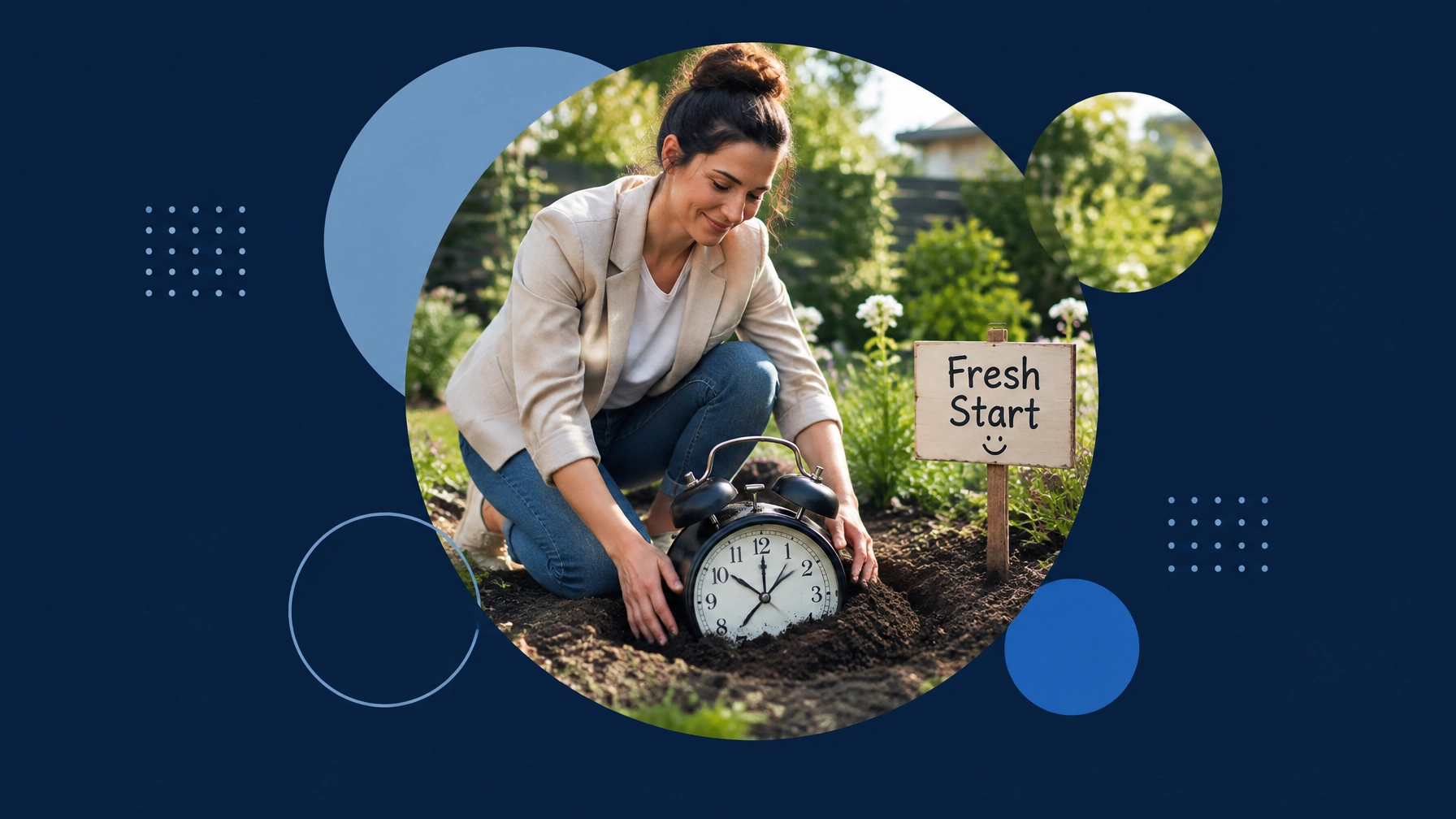 Professional burying an oversized alarm clock while holding a franchise launch checklist