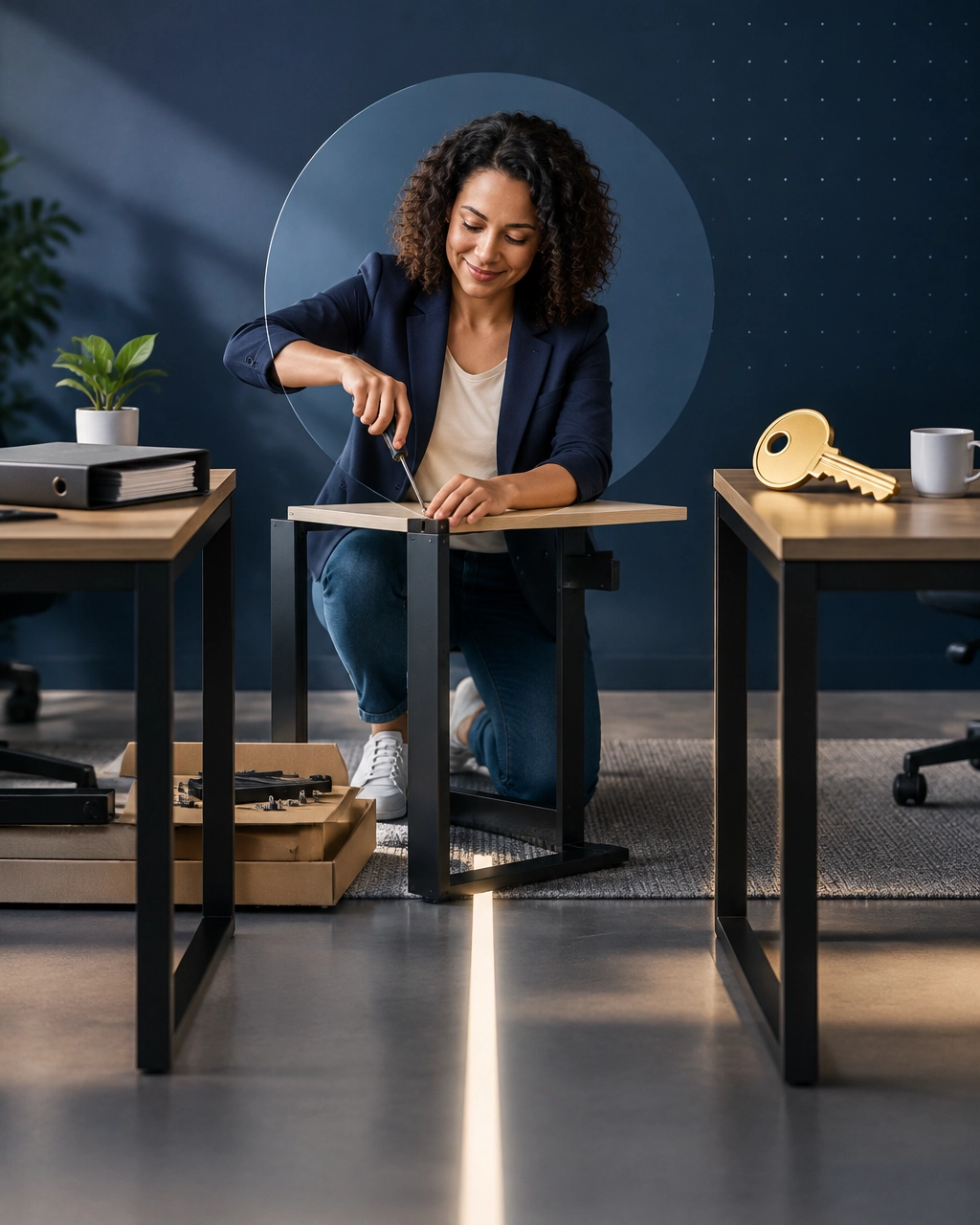 Entrepreneur assembling a new desk between two separate workspaces, symbolizing rebuilding after divorce
