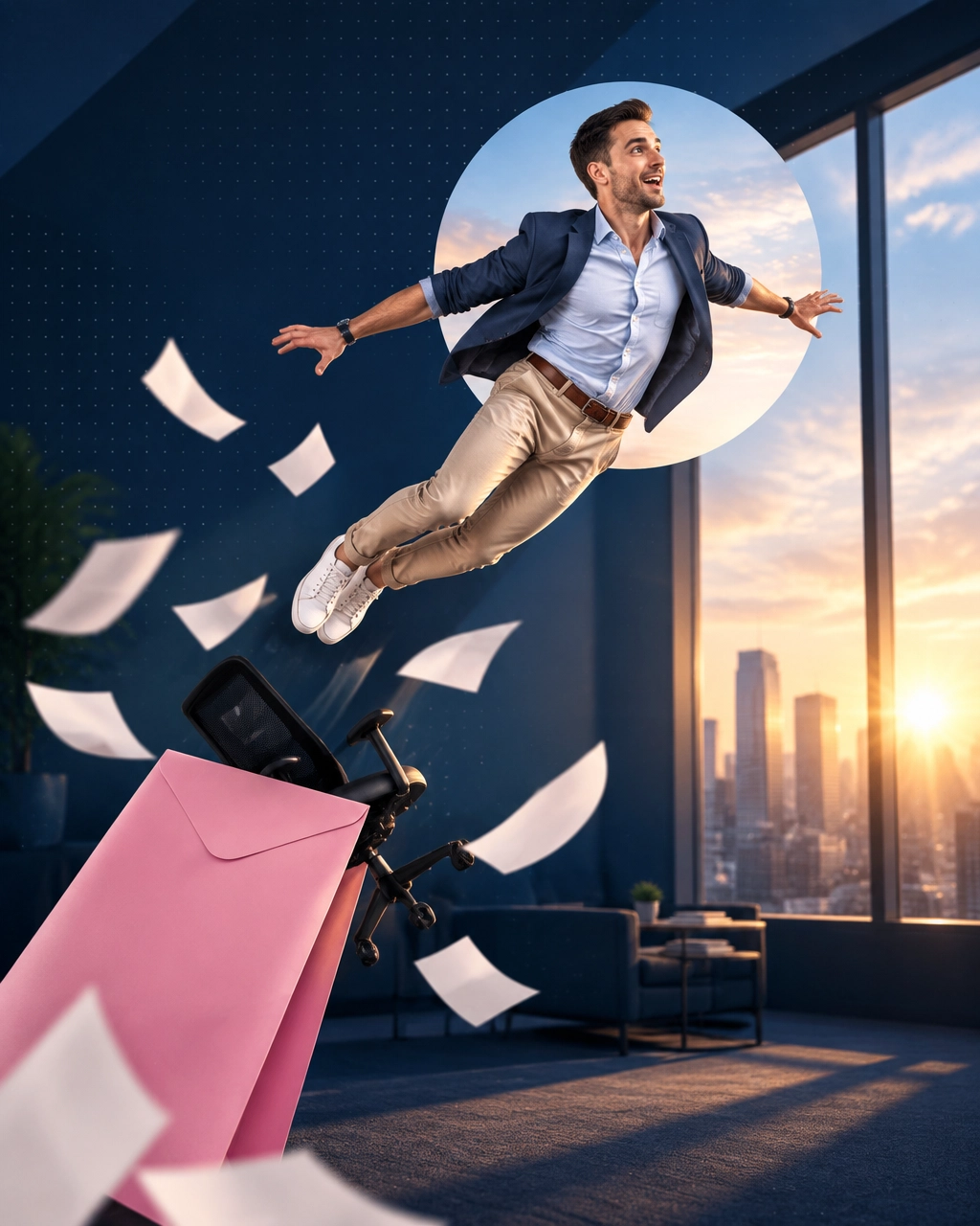 Business professional being launched toward a bright horizon by a giant pink termination letter and office chair