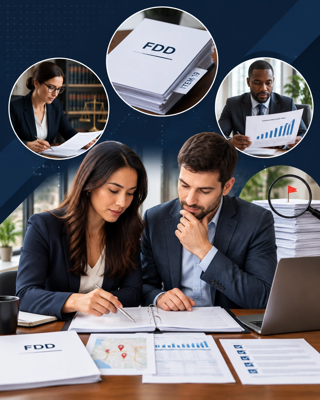 Prospective franchise owners review an FDD, Item 19 information, cash-flow projections, a location map, and legal documents with professional advisors.