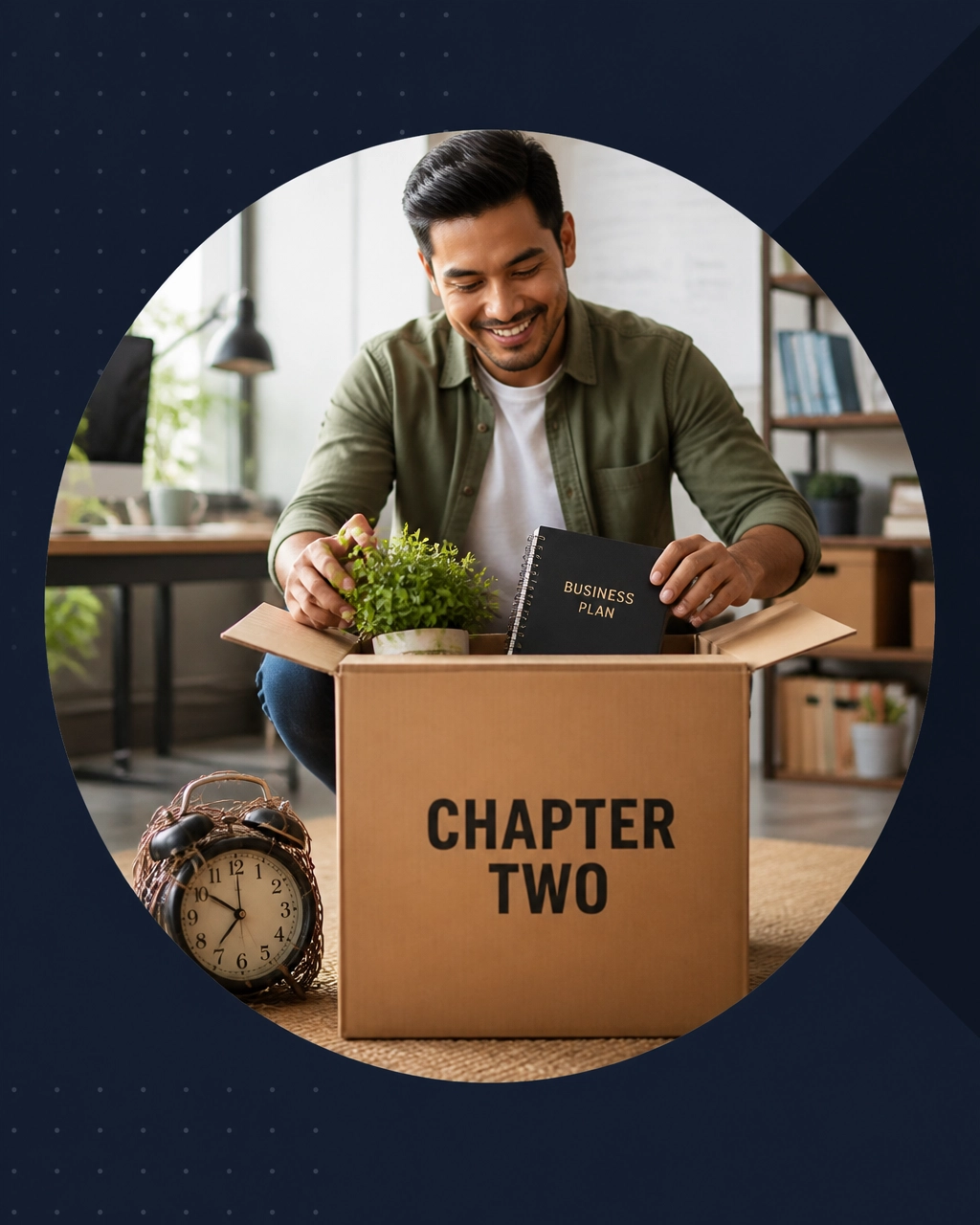 A professional opening a moving box labeled Chapter Two while an old alarm clock sits nearby