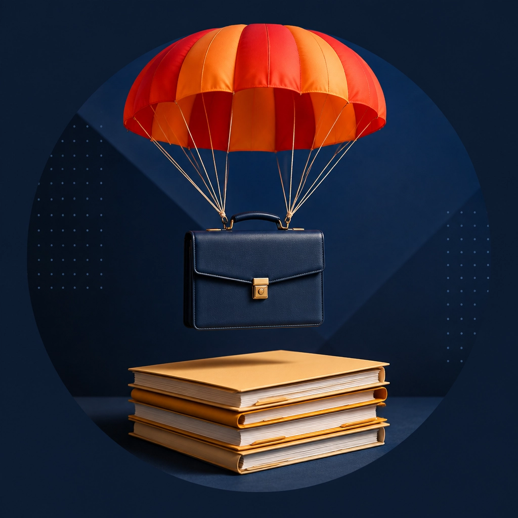 A navy briefcase descends safely beneath a bright parachute toward a stable platform of planning folders