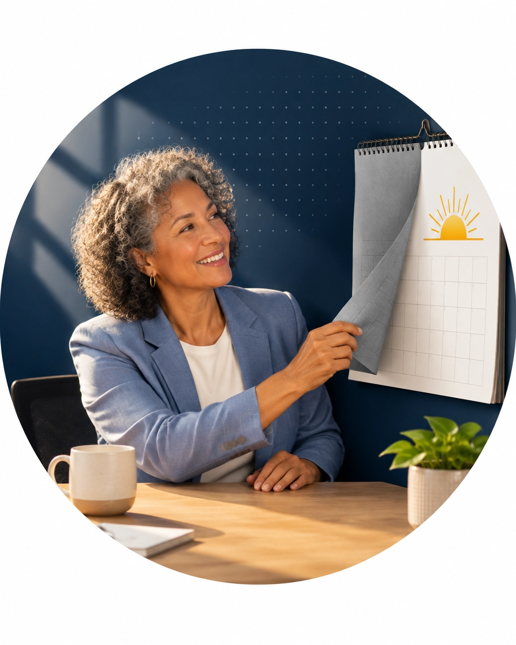 Professional older entrepreneur turning a blank calendar toward a bright new beginning