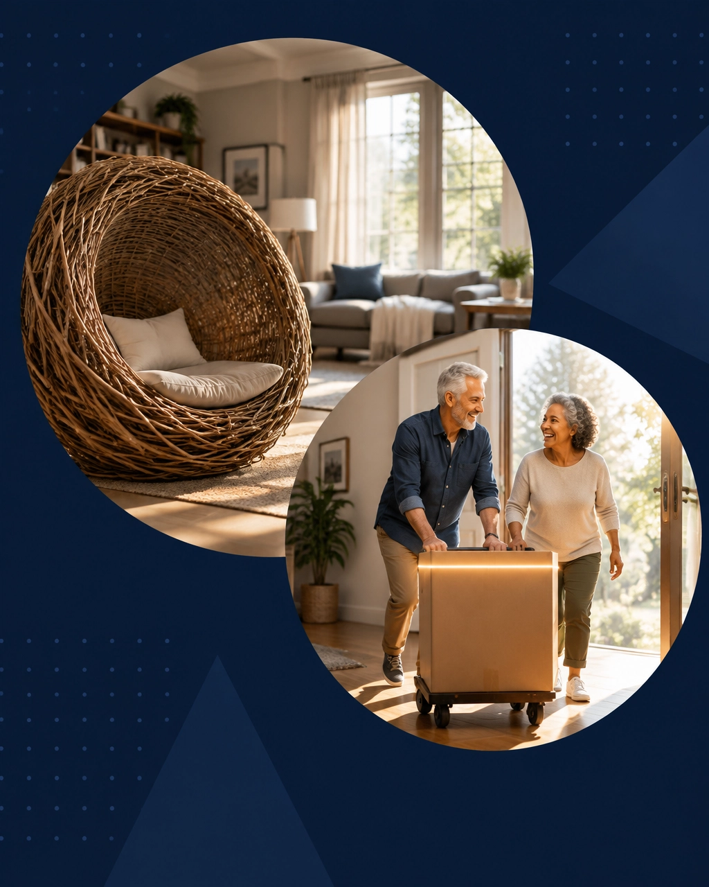 An older couple moving a glowing business-in-a-box away from an oversized empty nest chair
