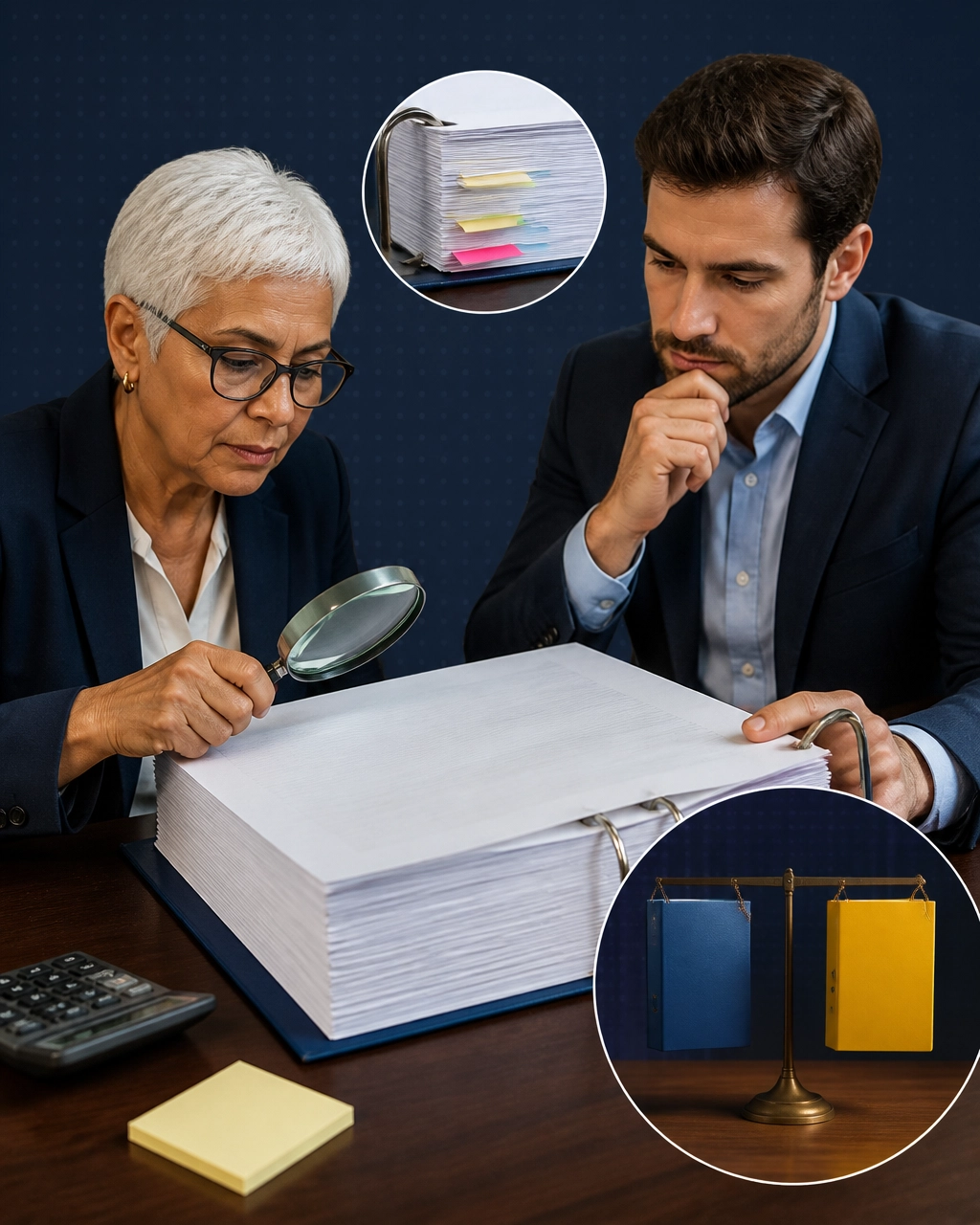 Diverse professionals examining a large Franchise Disclosure Document with a magnifying glass, calculator, and balance scale