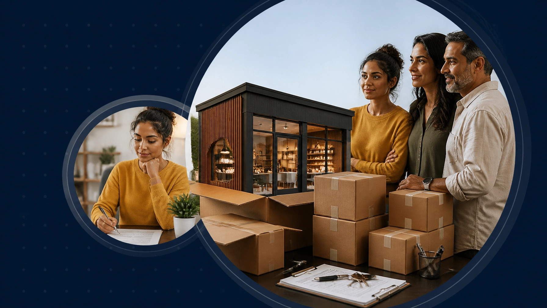 Family and business partners beside a storefront emerging from neatly organized moving boxes, representing a practical new business chapter