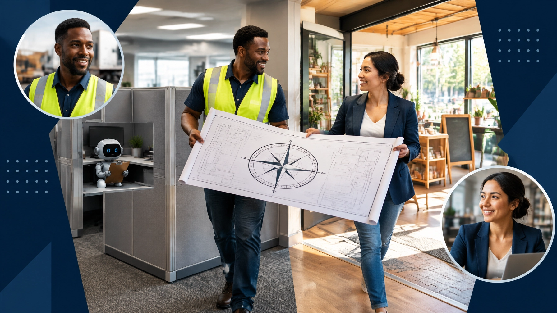 A logistics professional and business advisor move a compass-shaped storefront plan from a corporate cubicle toward a local business