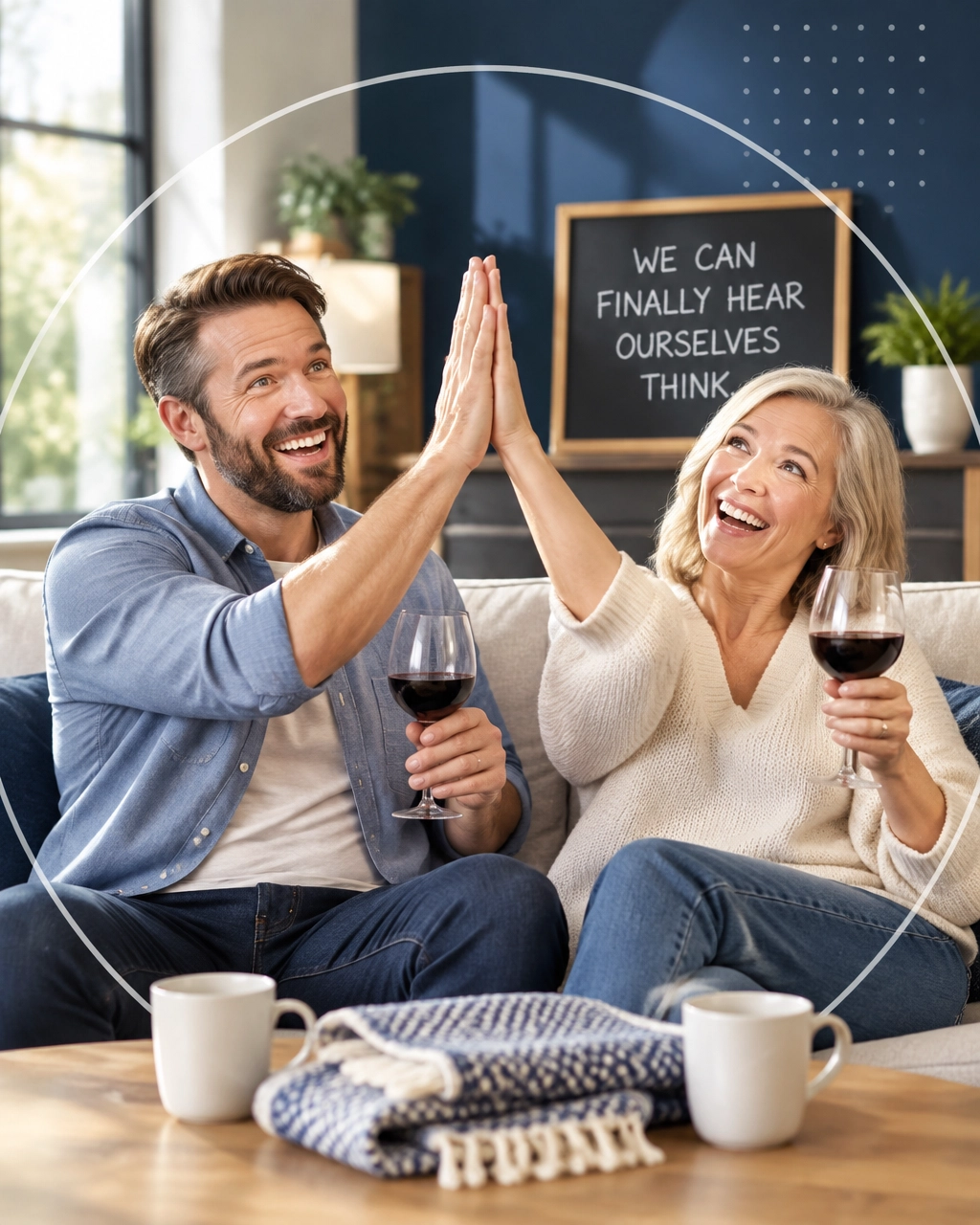 Empty-nest parents high-fiving and toasting in a quiet living room with a chalkboard reading “WE CAN FINALLY HEAR OURSELVES THINK”