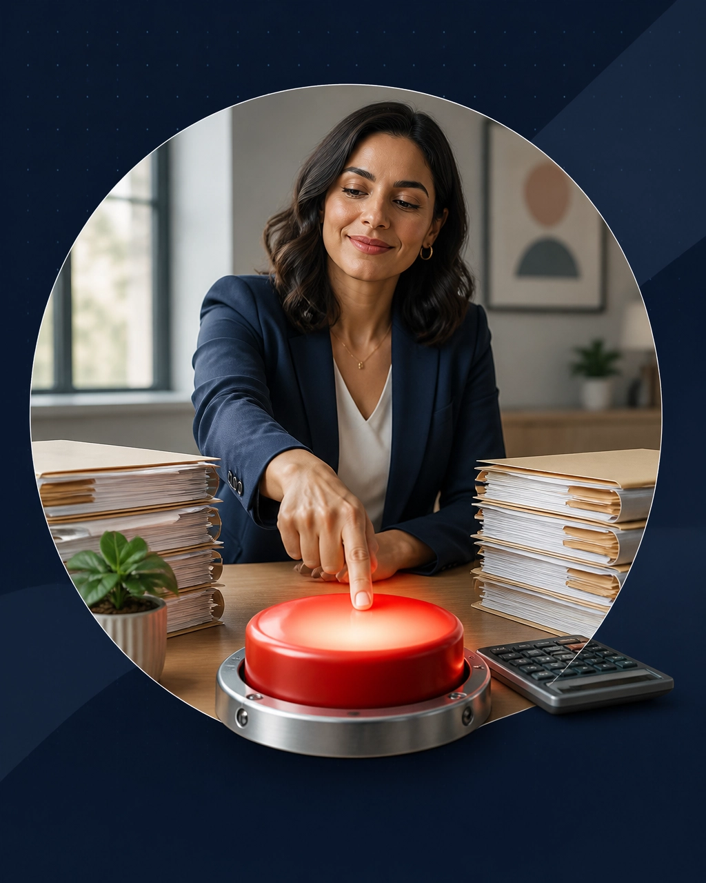 A professional woman presses a large red reset button between organized stacks of business documents and a calculator