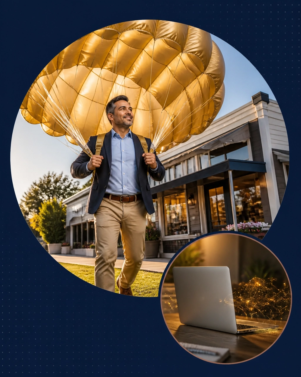A professional lands safely with an oversized golden parachute beside a local storefront and a laptop representing AI disruption